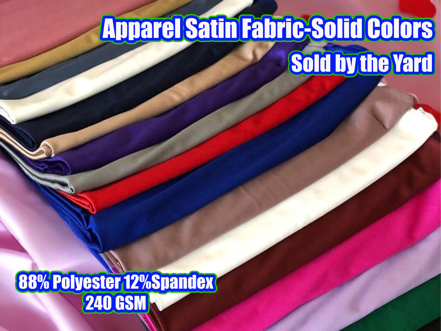 Solid Colors Cassino Stretch Satin – Glossy 4‑Way Drape, 56" Wide, 88% Polyester 12% Spandex, Sold by the Yard