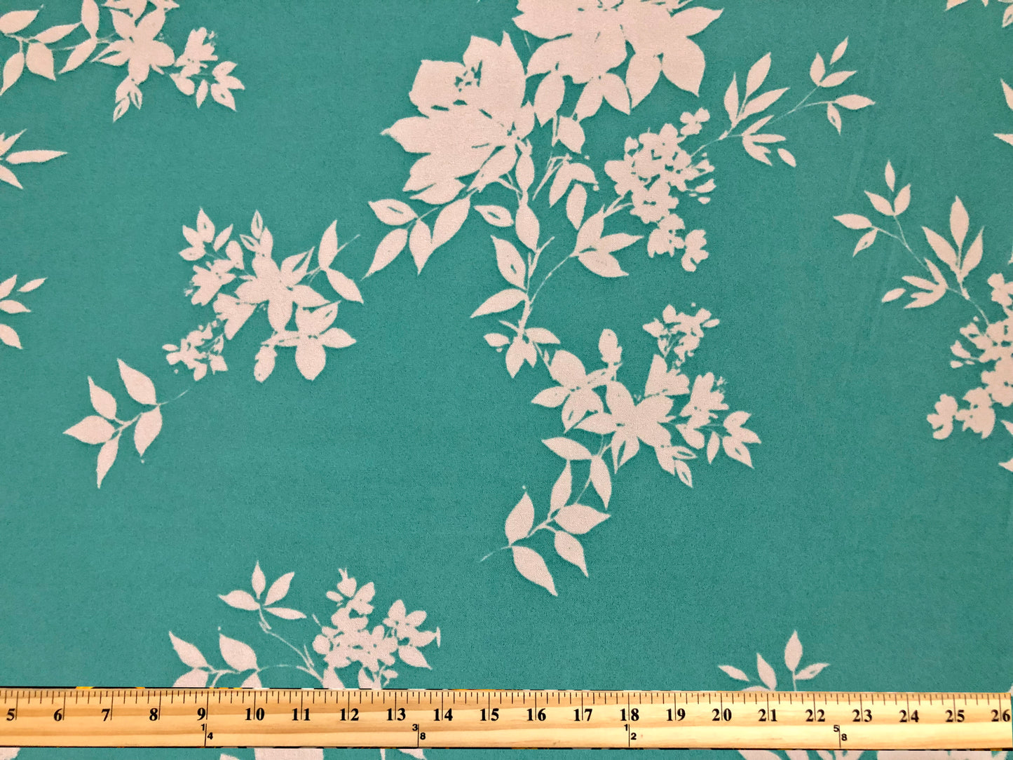 Techno Crepe Knit – Aqua with White Floral Silhouette, 4-Way Stretch, 56" Wide, 240 GSM - By the Yard (TCRP074)