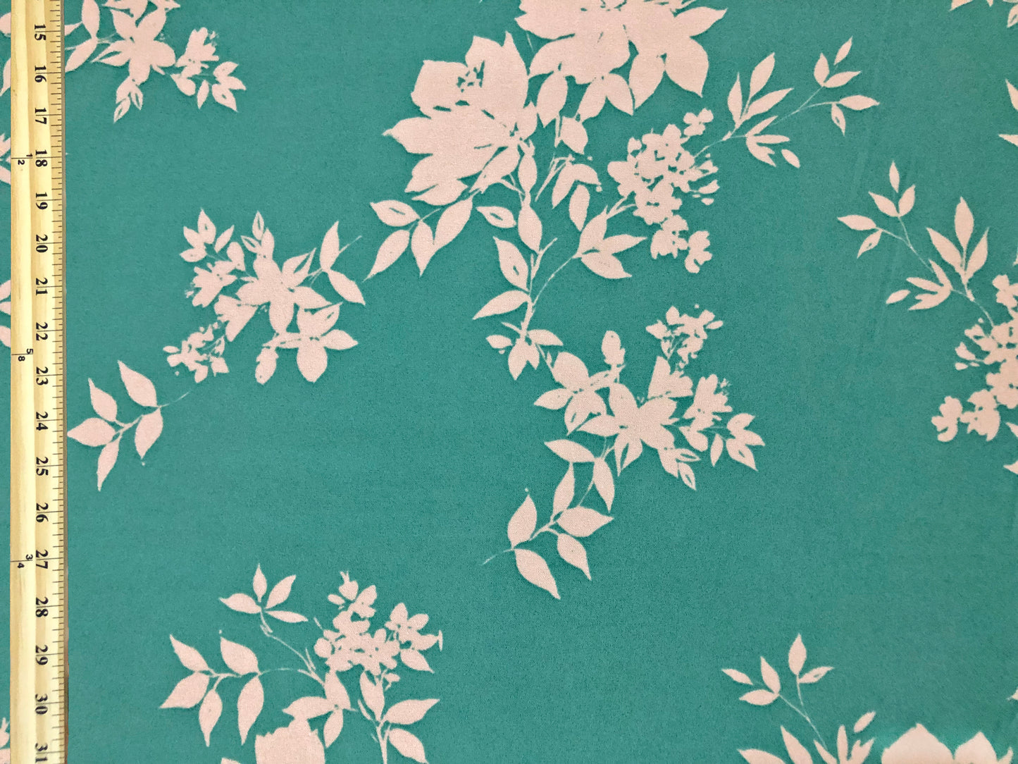 Techno Crepe Knit – Aqua with White Floral Silhouette, 4-Way Stretch, 56" Wide, 240 GSM - By the Yard (TCRP074)