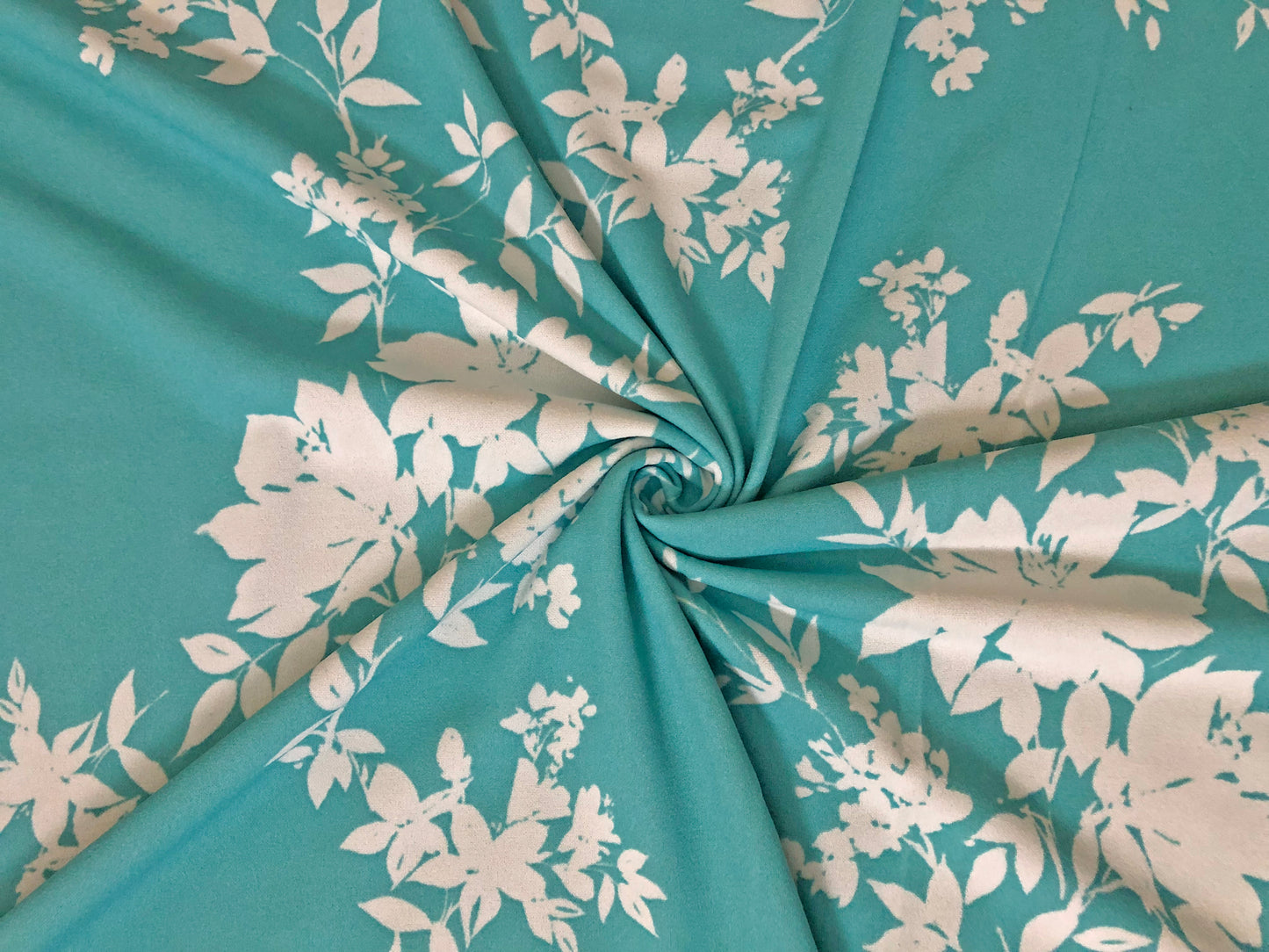 Techno Crepe Knit – Aqua with White Floral Silhouette, 4-Way Stretch, 56" Wide, 240 GSM - By the Yard (TCRP074)