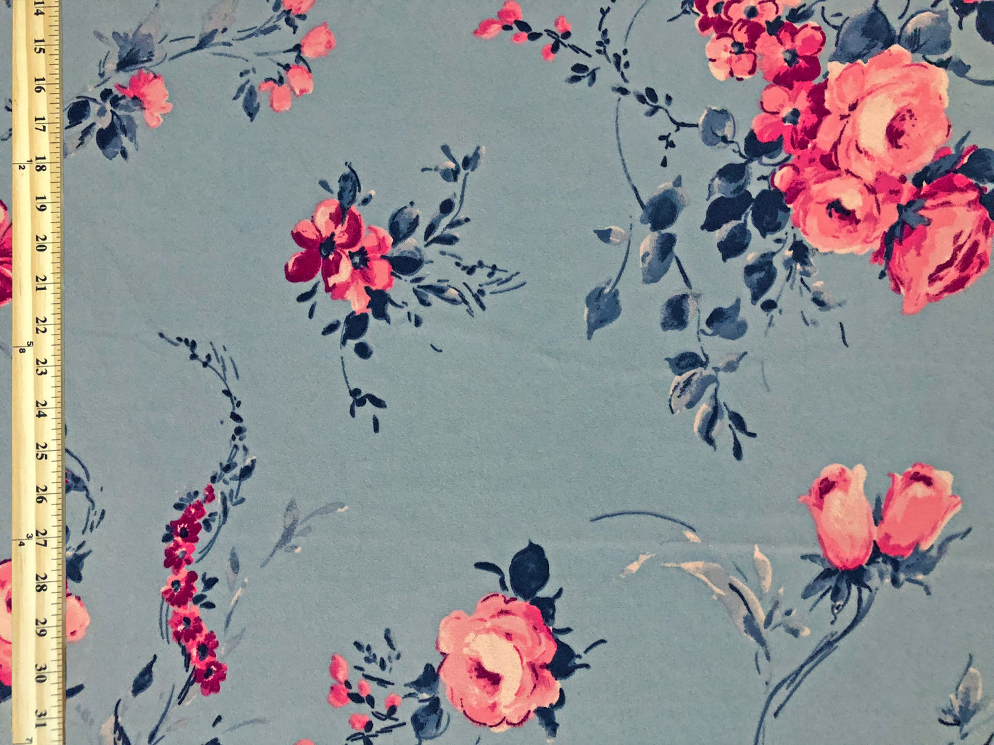 Techno Crepe Knit – Dusty Blue with Pink Roses & Navy Leaves, 4-Way Stretch, 56" Wide, 240 GSM, - By the Yard (TCRP068)