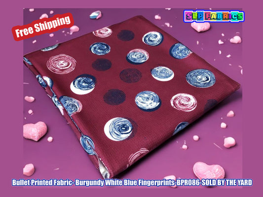 Bullet Knit Fabric - Burgundy White Blue Fingerprints Print, 56″ Wide, Sold by the Yard (BPR086)