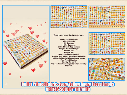 Soft & Stretchy Angry Face Emoji Bullet Knit Fabric – Ivory & Yellow, 56″ Wide, Sold by the Yard (BPR146)