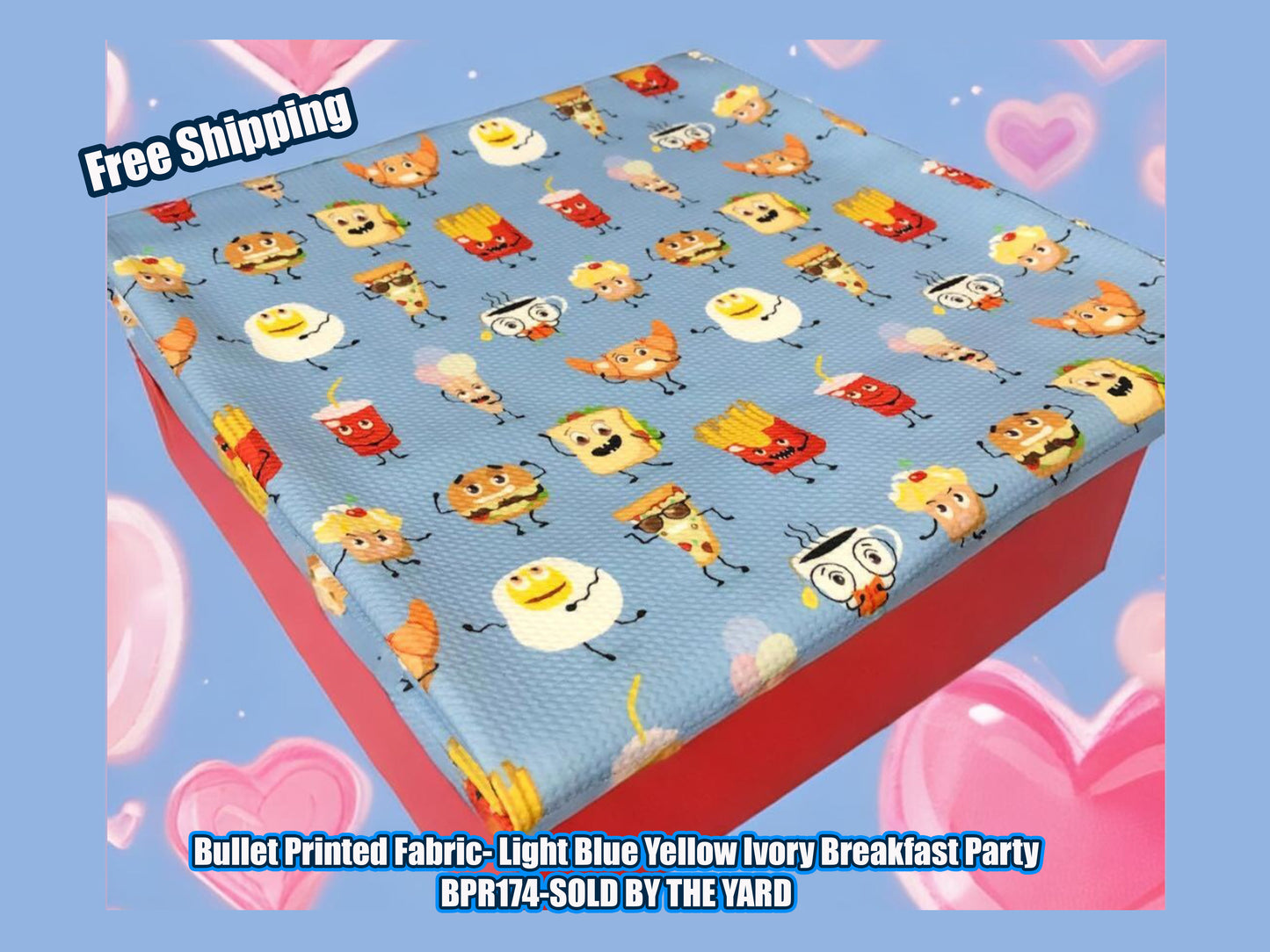 Bullet Knit Fabric – Adorable Breakfast Party Print in Blue, Yellow, & Red, 56″ Wide, Sold by the Yard (BPR174)