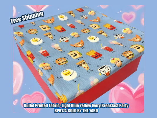 Bullet Knit Fabric – Adorable Breakfast Party Print in Blue, Yellow, & Red, 56″ Wide, Sold by the Yard (BPR174)
