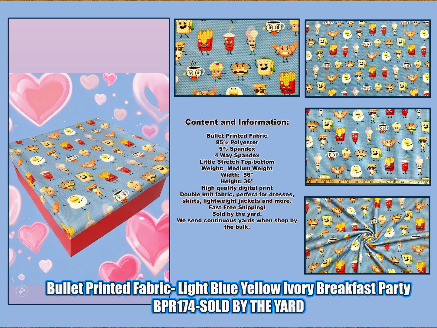 Bullet Knit Fabric – Adorable Breakfast Party Print in Blue, Yellow, & Red, 56″ Wide, Sold by the Yard (BPR174)