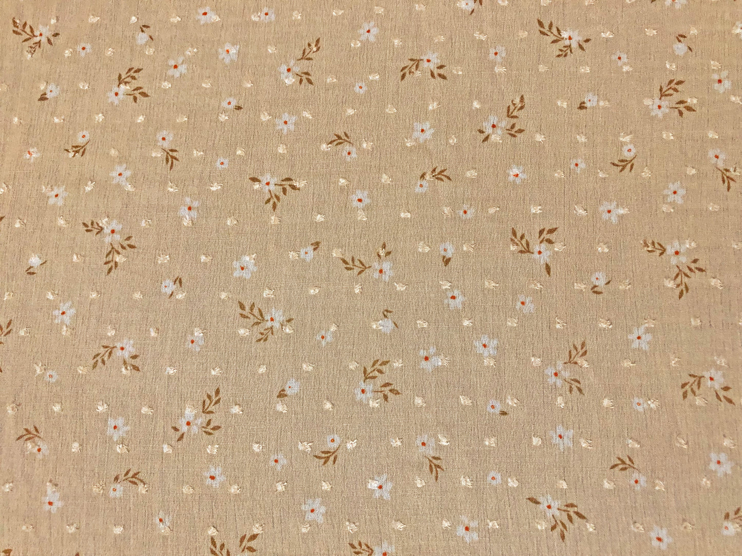 Beige Swiss Dot Rayon Gauze with White Ditsy Florals & Brown Leaf Sprigs — 100% Rayon, 52″ Wide — Fabric by the Yard (RGZPR08)