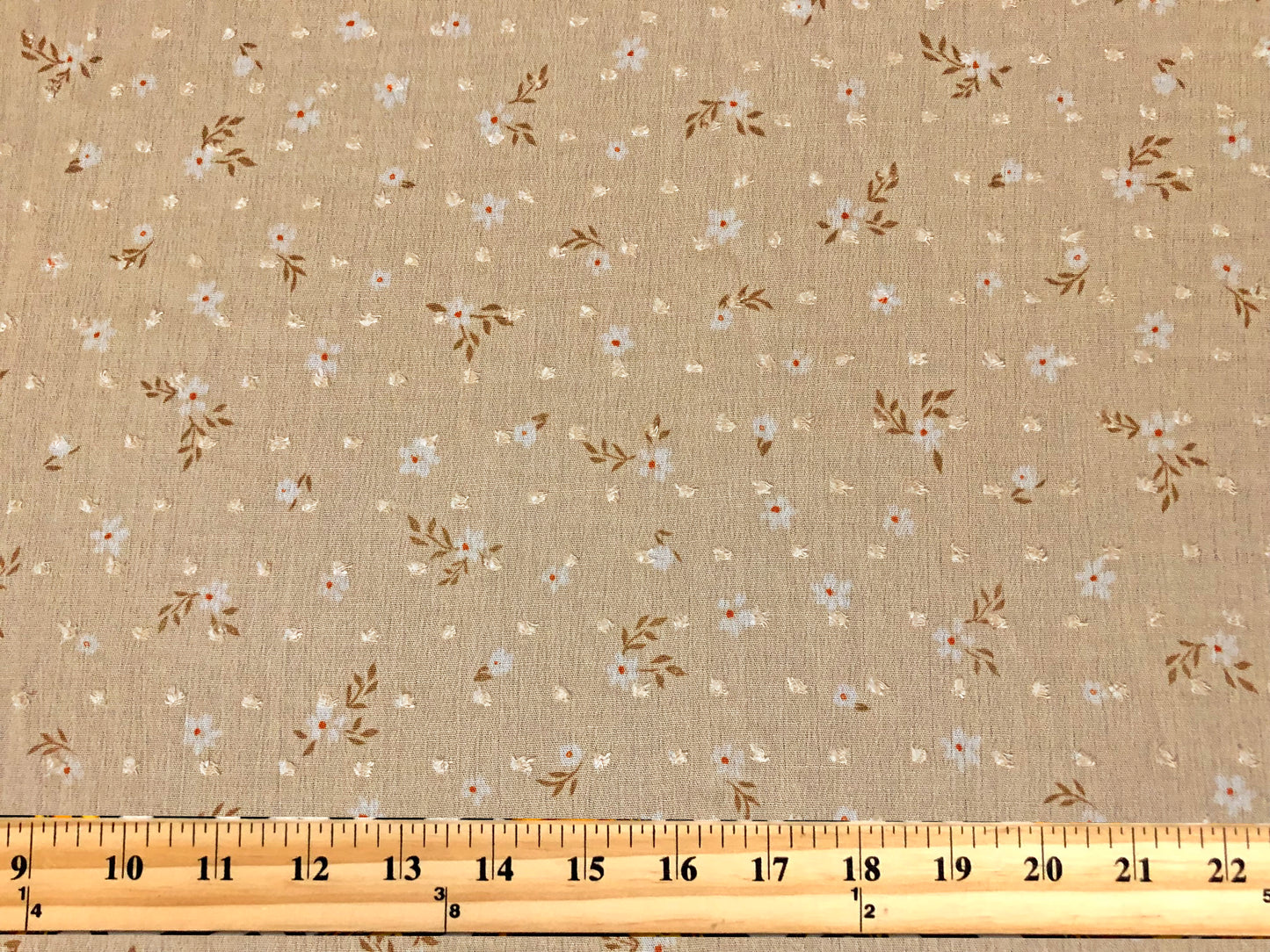 Beige Swiss Dot Rayon Gauze with White Ditsy Florals & Brown Leaf Sprigs — 100% Rayon, 52″ Wide — Fabric by the Yard (RGZPR08)