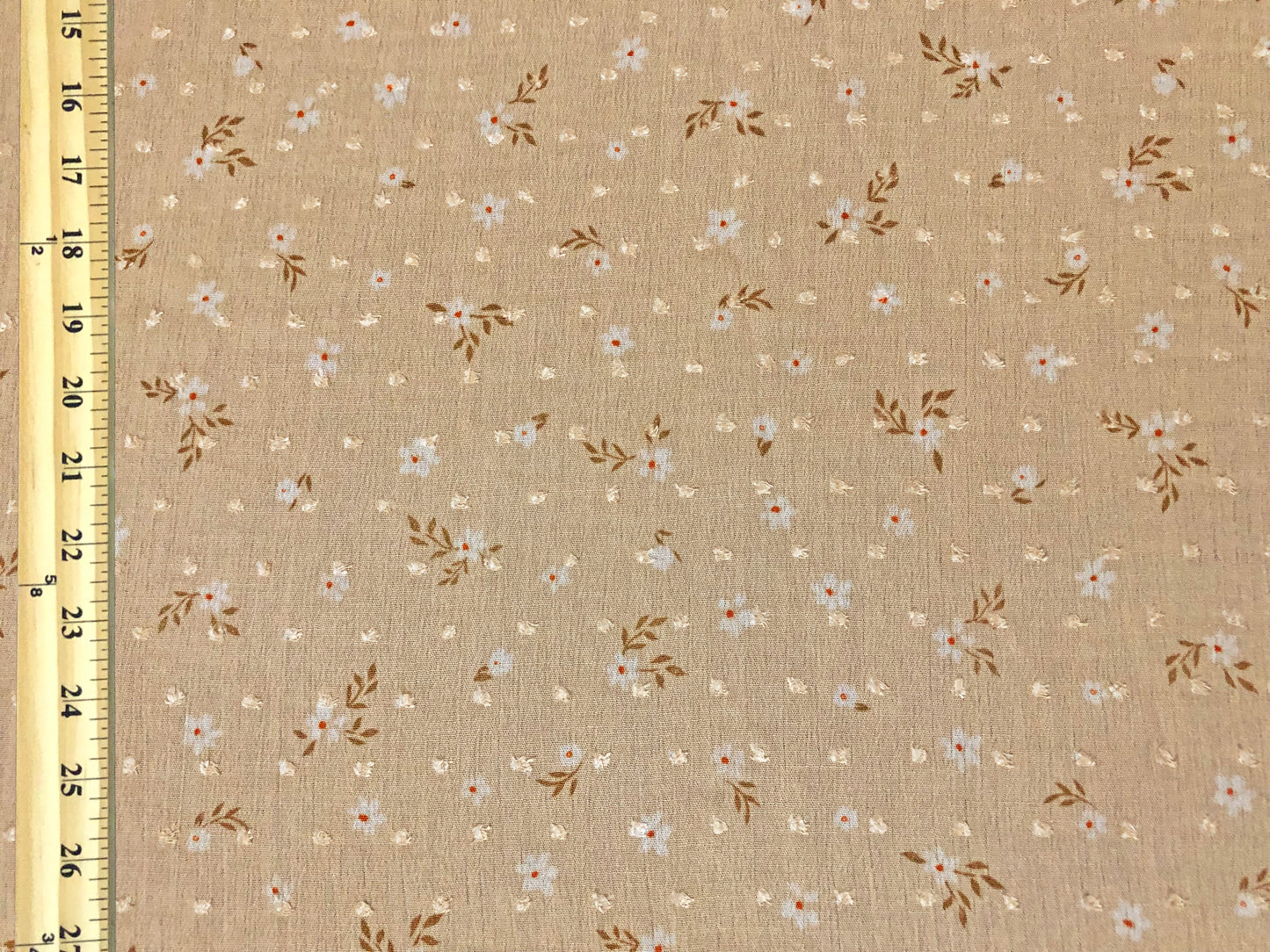 Beige Swiss Dot Rayon Gauze with White Ditsy Florals & Brown Leaf Sprigs — 100% Rayon, 52″ Wide — Fabric by the Yard (RGZPR08)