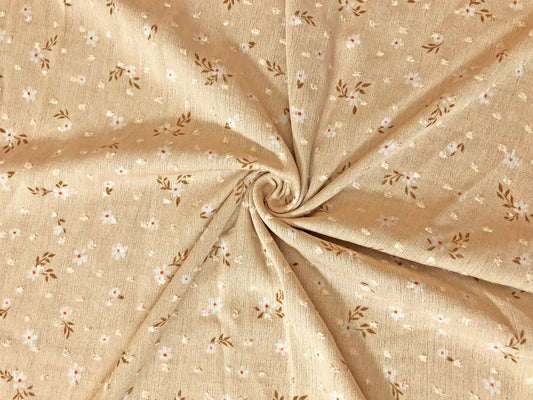 Beige Swiss Dot Rayon Gauze with White Ditsy Florals & Brown Leaf Sprigs — 100% Rayon, 52″ Wide — Fabric by the Yard (RGZPR08)
