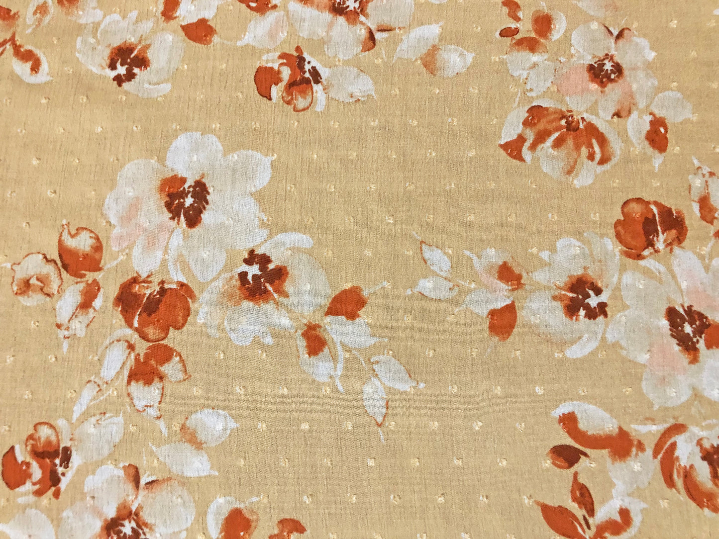 Beige Swiss Dot Rayon Gauze with White/Orange Watercolor Florals — 100% Rayon, 52″ Wide — Fabric by the Yard (RGZPR04)