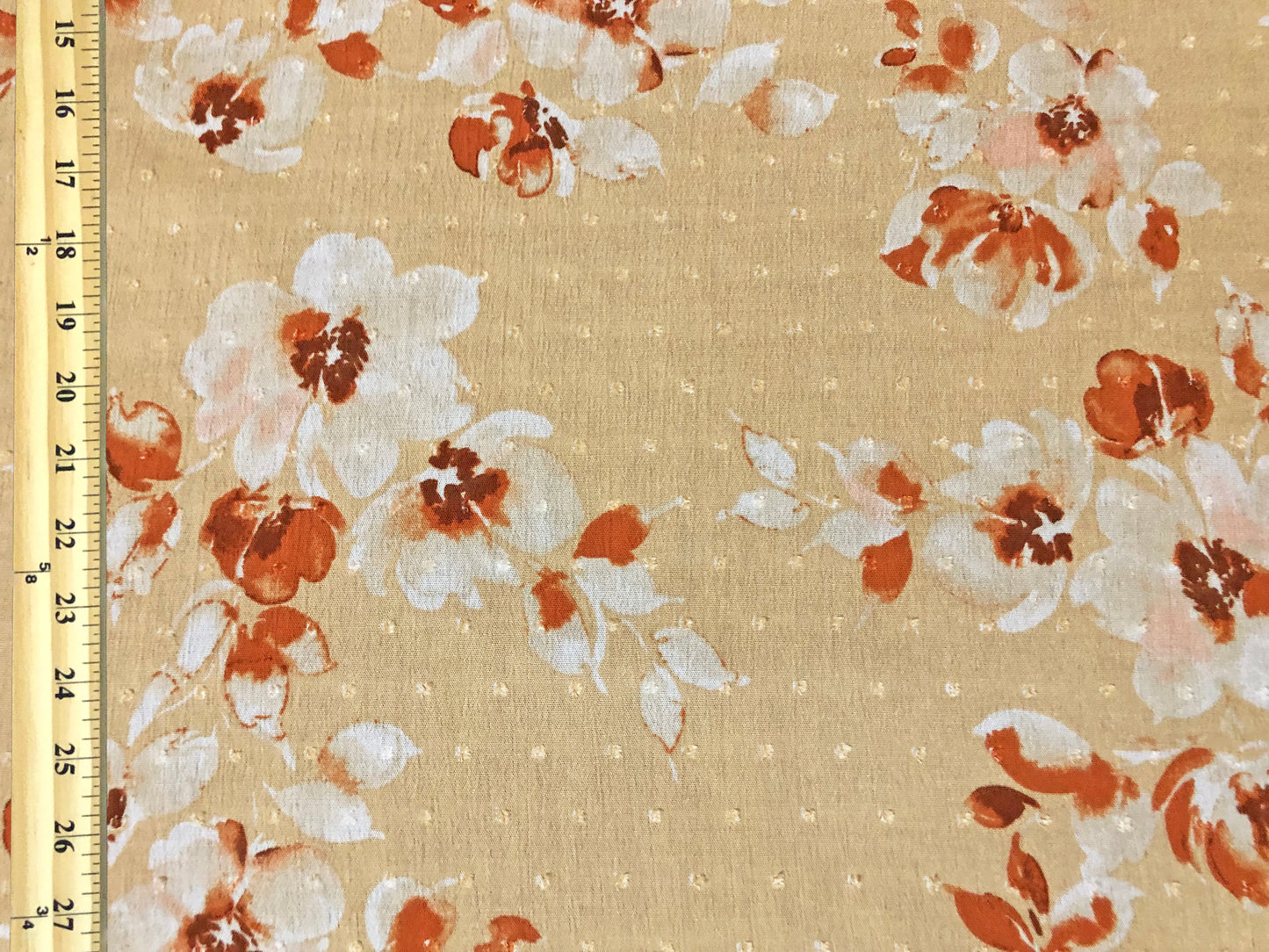 Beige Swiss Dot Rayon Gauze with White/Orange Watercolor Florals — 100% Rayon, 52″ Wide — Fabric by the Yard (RGZPR04)