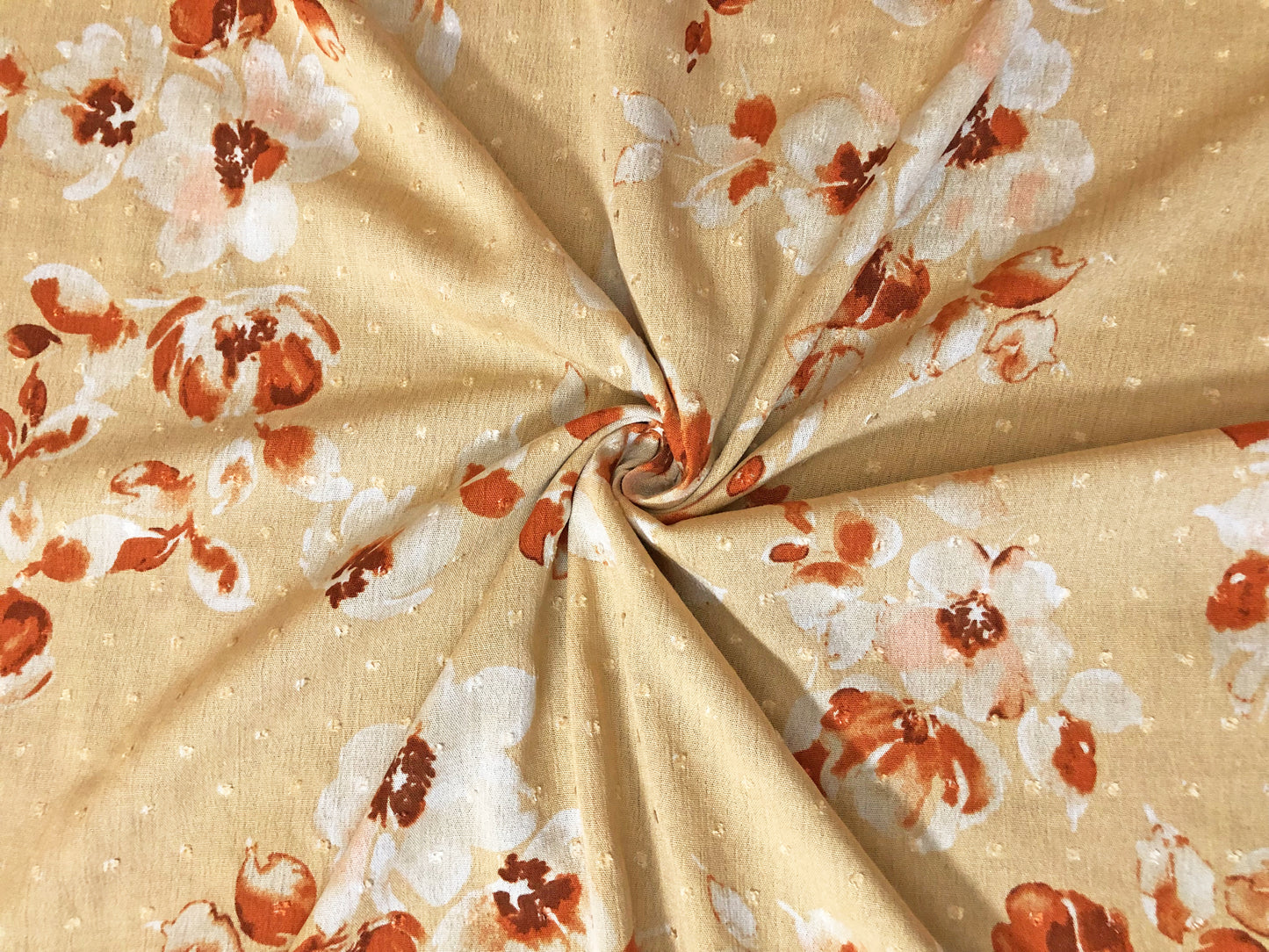 Beige Swiss Dot Rayon Gauze with White/Orange Watercolor Florals — 100% Rayon, 52″ Wide — Fabric by the Yard (RGZPR04)