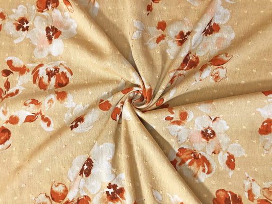 Beige Swiss Dot Rayon Gauze with White/Orange Watercolor Florals — 100% Rayon, 52″ Wide — Fabric by the Yard (RGZPR04)