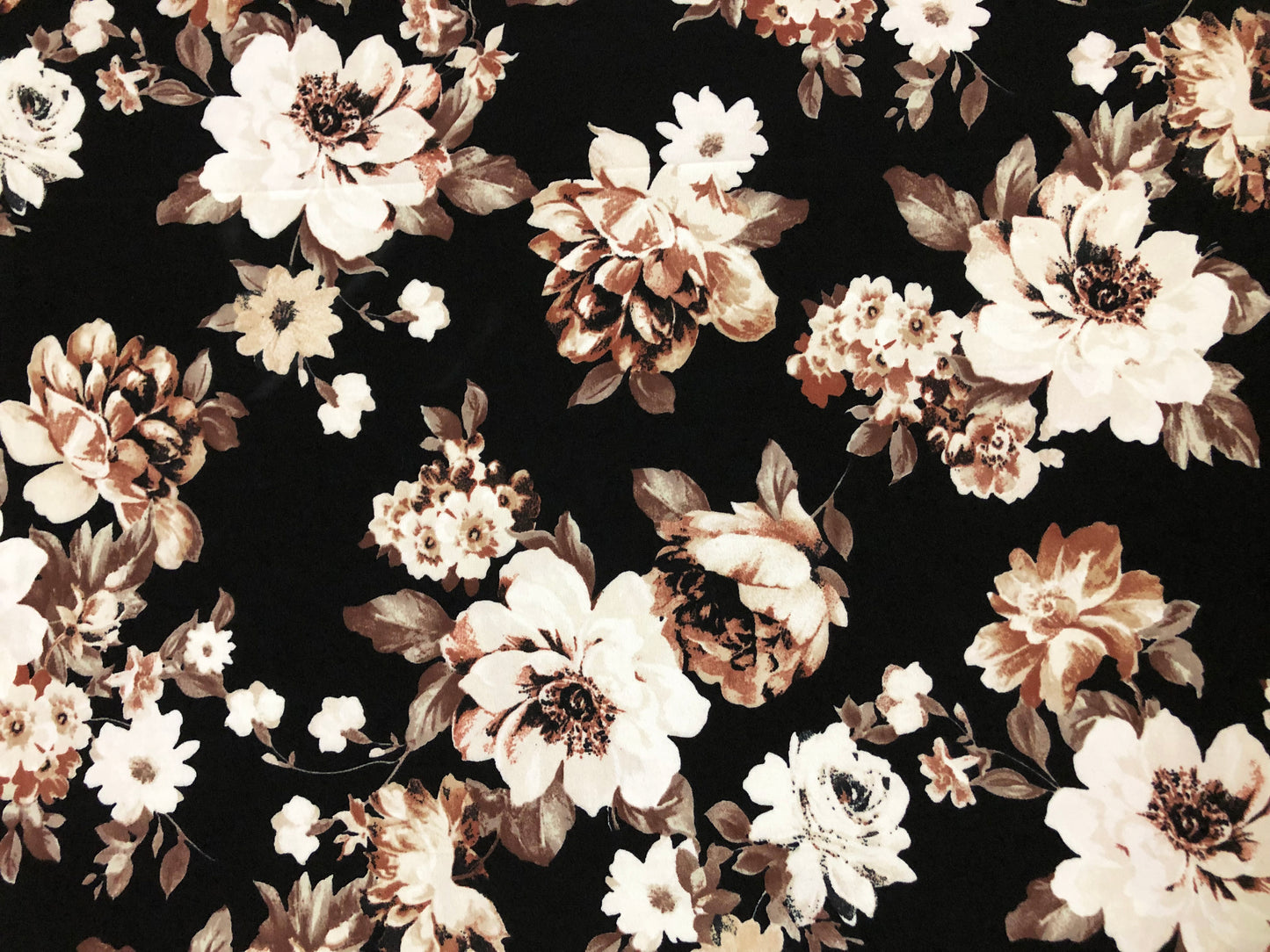 Techno Crepe Knit – Black with Ivory & Brown Florals, 4-Way Stretch, 56" Wide, 240 GSM, Couture Drape - By the Yard (TCRP053)
