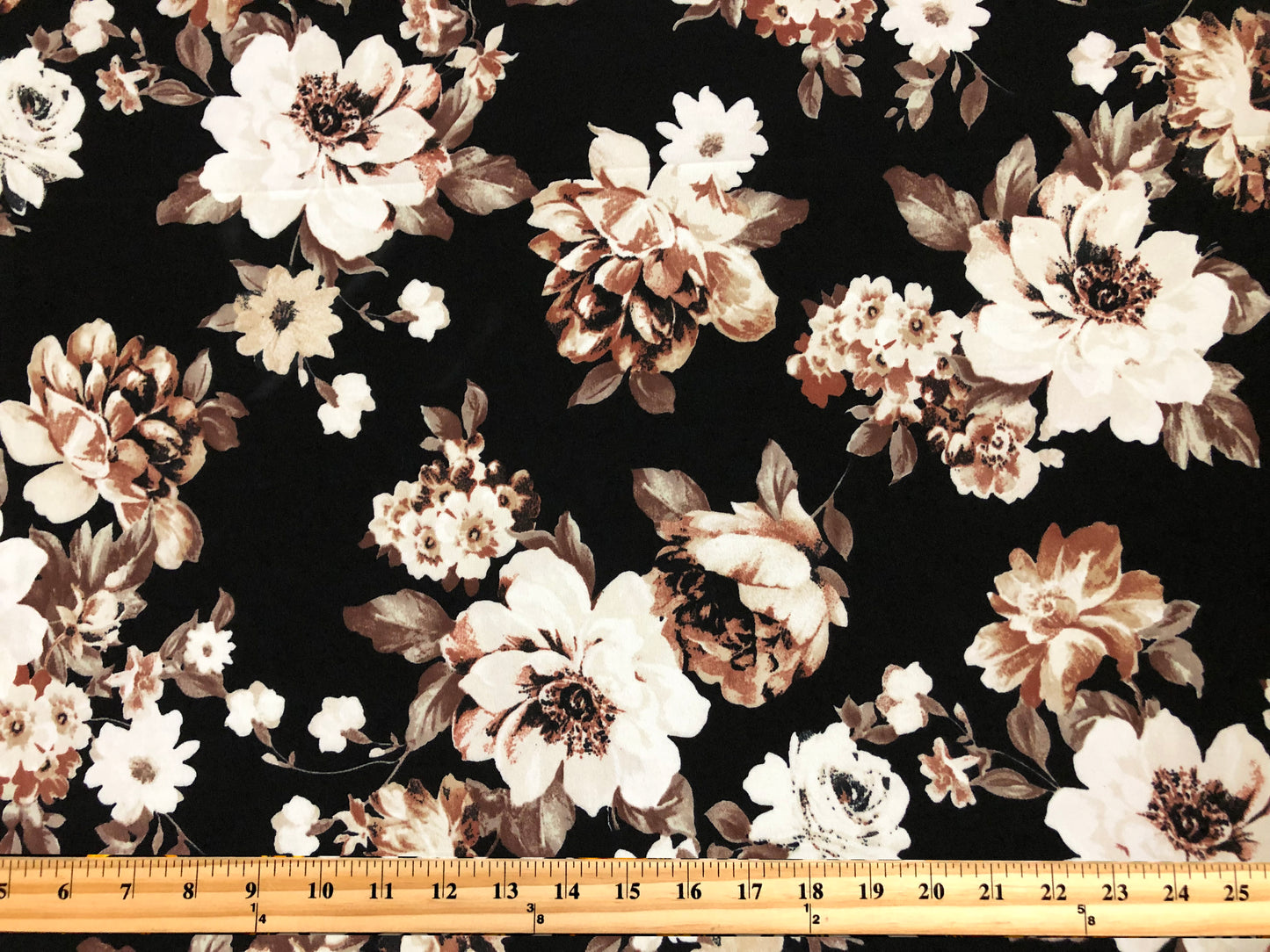 Techno Crepe Knit – Black with Ivory & Brown Florals, 4-Way Stretch, 56" Wide, 240 GSM, Couture Drape - By the Yard (TCRP053)
