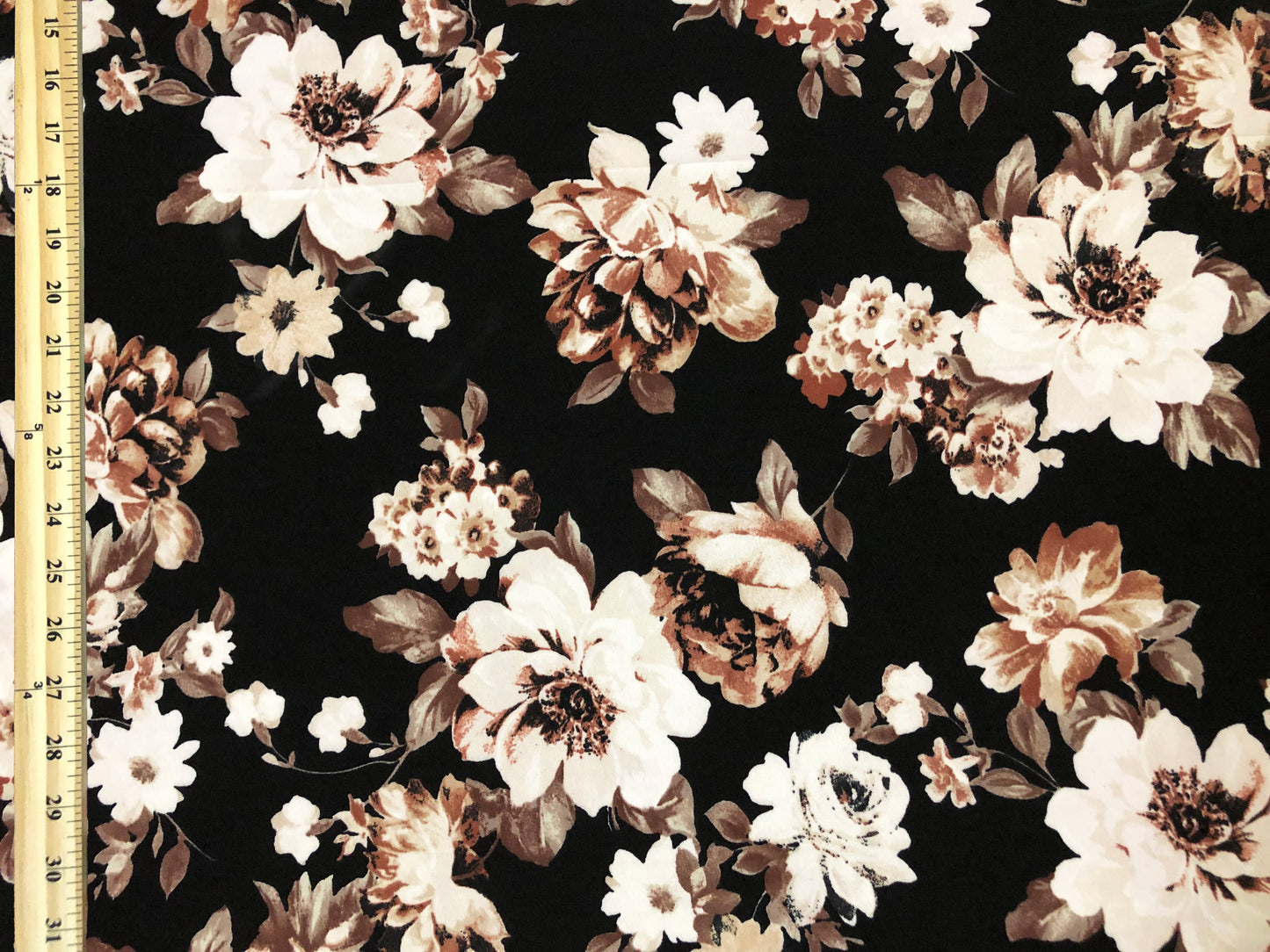 Techno Crepe Knit – Black with Ivory & Brown Florals, 4-Way Stretch, 56" Wide, 240 GSM, Couture Drape - By the Yard (TCRP053)