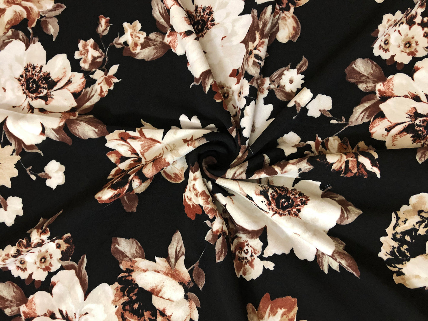 Techno Crepe Knit – Black with Ivory & Brown Florals, 4-Way Stretch, 56" Wide, 240 GSM, Couture Drape - By the Yard (TCRP053)