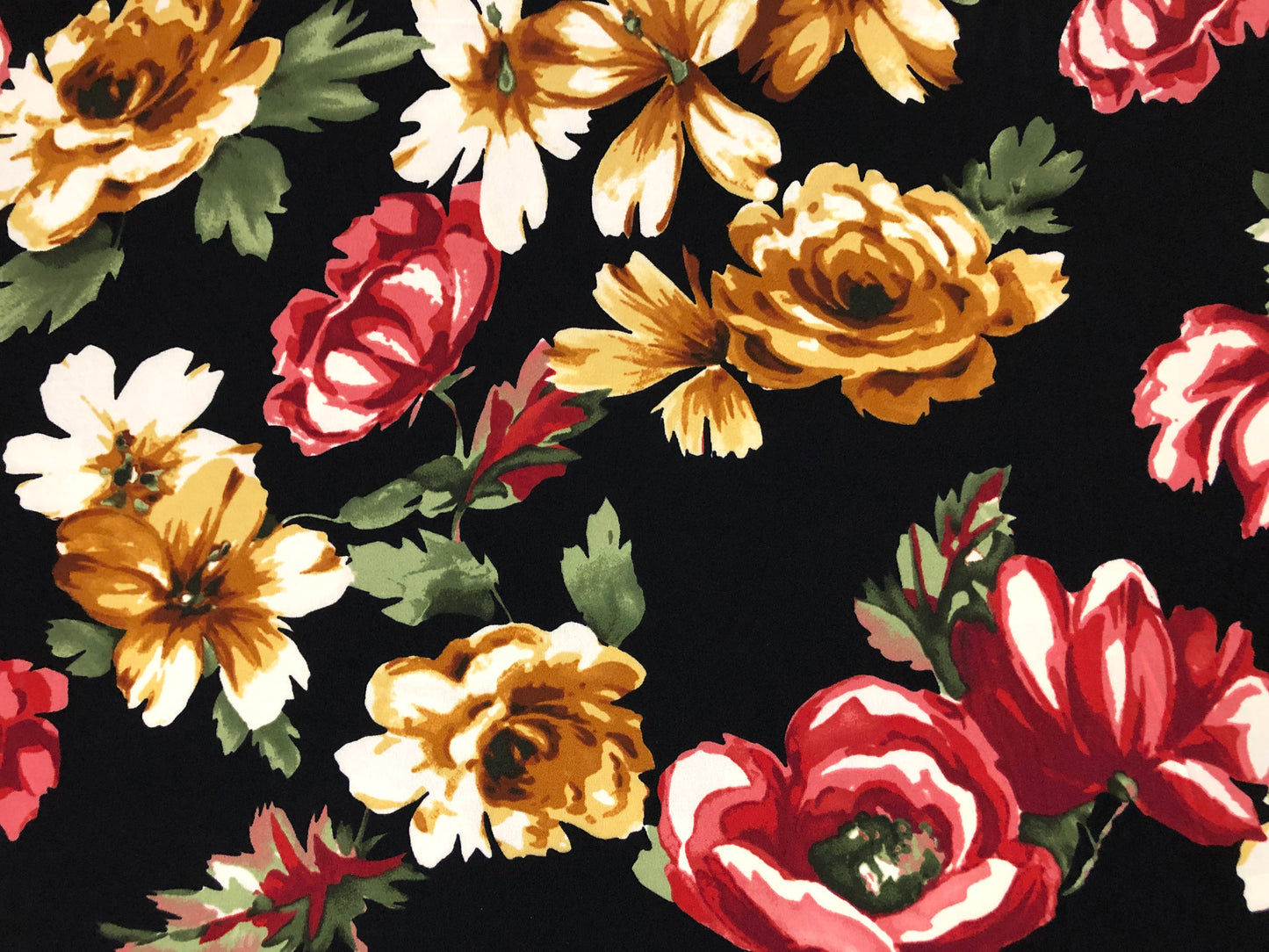 Techno Crepe Knit Fabric – Black with Marigold & Ivory Blooms, Red Rose Florals, Green Leaves – 4-Way Stretch, 56" Wide, 240 GSM – Sold by the Yard (TCRP046)