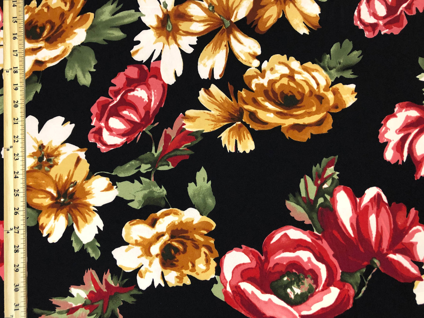 Techno Crepe Knit Fabric – Black with Marigold & Ivory Blooms, Red Rose Florals, Green Leaves – 4-Way Stretch, 56" Wide, 240 GSM – Sold by the Yard (TCRP046)
