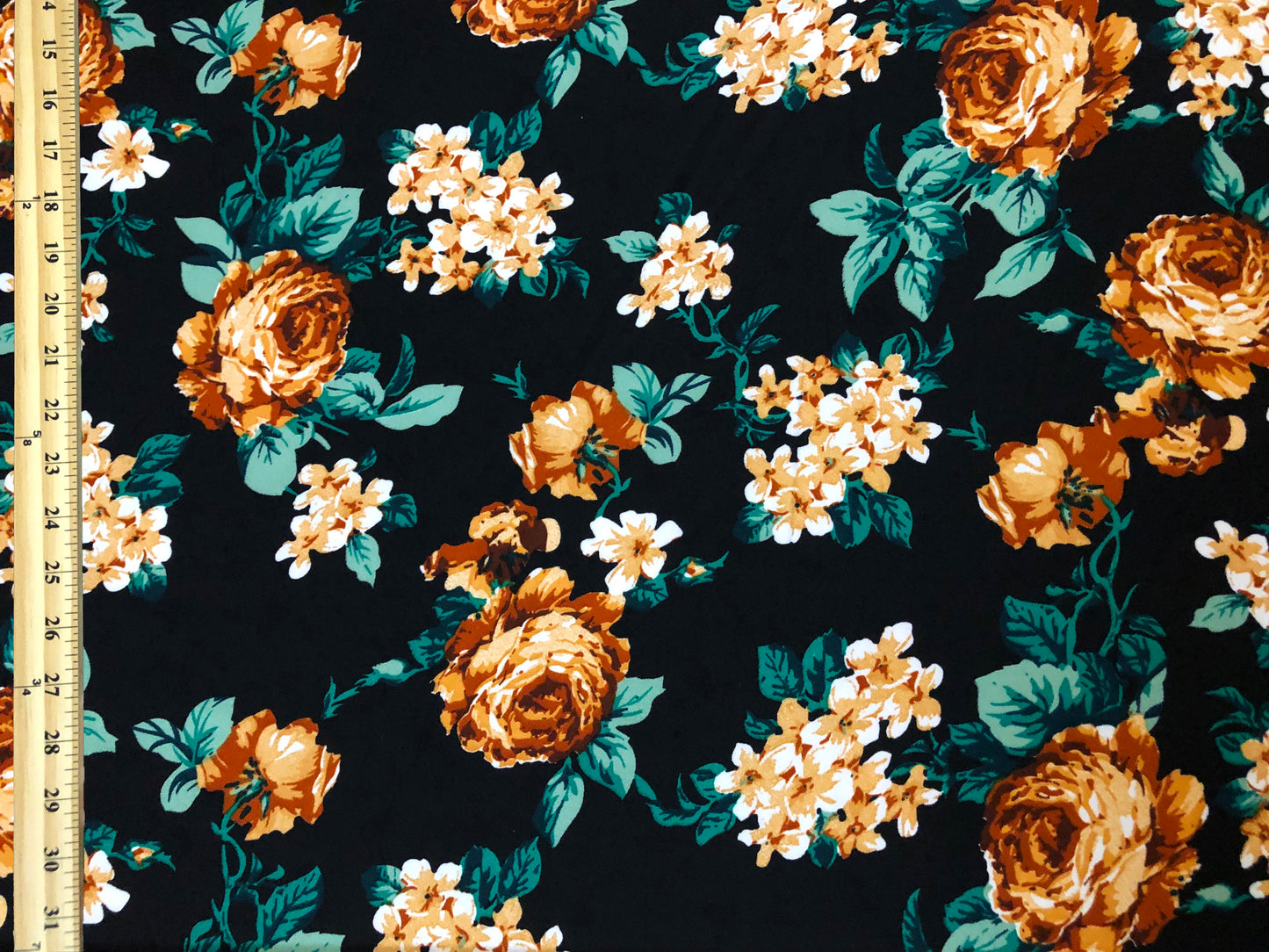 Techno Crepe Knit — Black Floral/Marigold & Ivory Roses, 4-Way Stretch, 240 GSM, 56" Wide, Wrinkle-Resistant - Sold by the Yard (TCRP089)