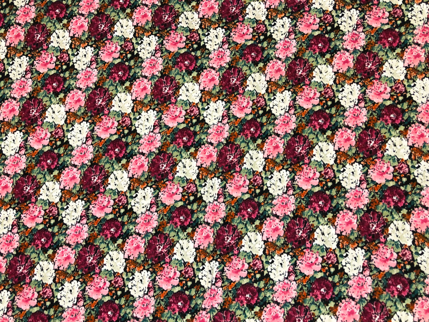 DTY Brushed Fabric| Black Pink White Flowers |DTYBPR538|Sold by the Yard| Jersey Fabric