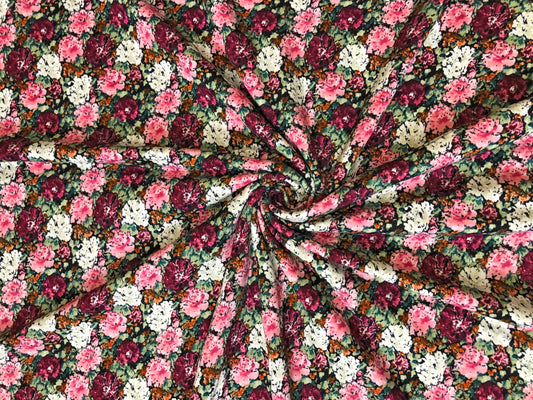 DTY Brushed Fabric| Black Pink White Flowers |DTYBPR538|Sold by the Yard| Jersey Fabric