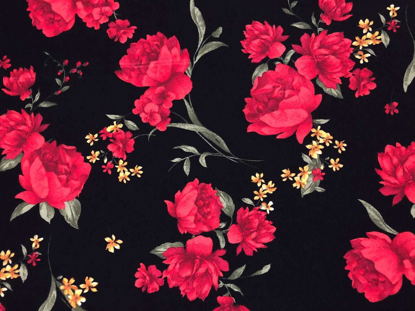 Techno Crepe Printed Fabric-Black Red Flowers-TCRP060-Sold by the Yard