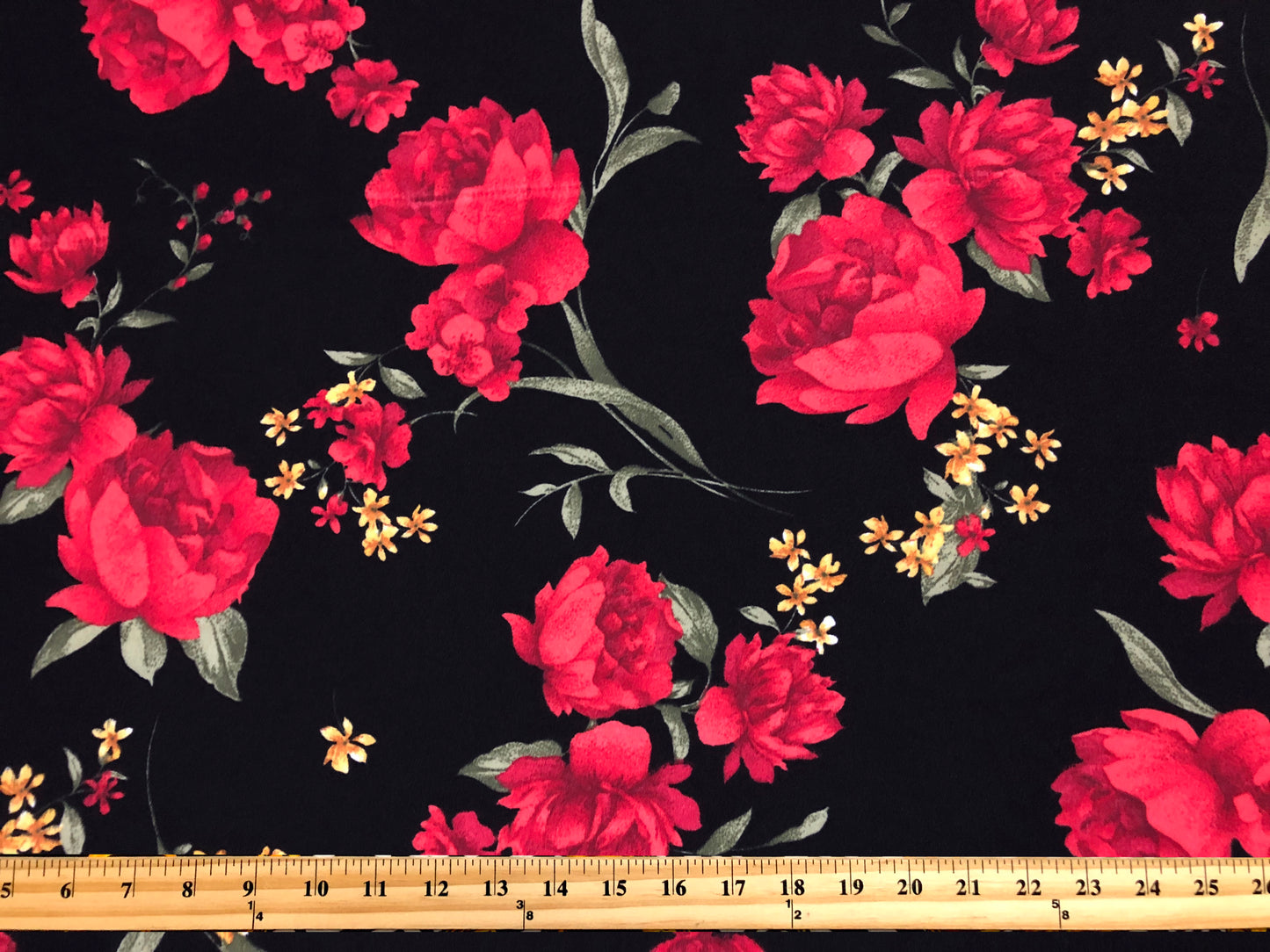 Techno Crepe Printed Fabric-Black Red Flowers-TCRP060-Sold by the Yard