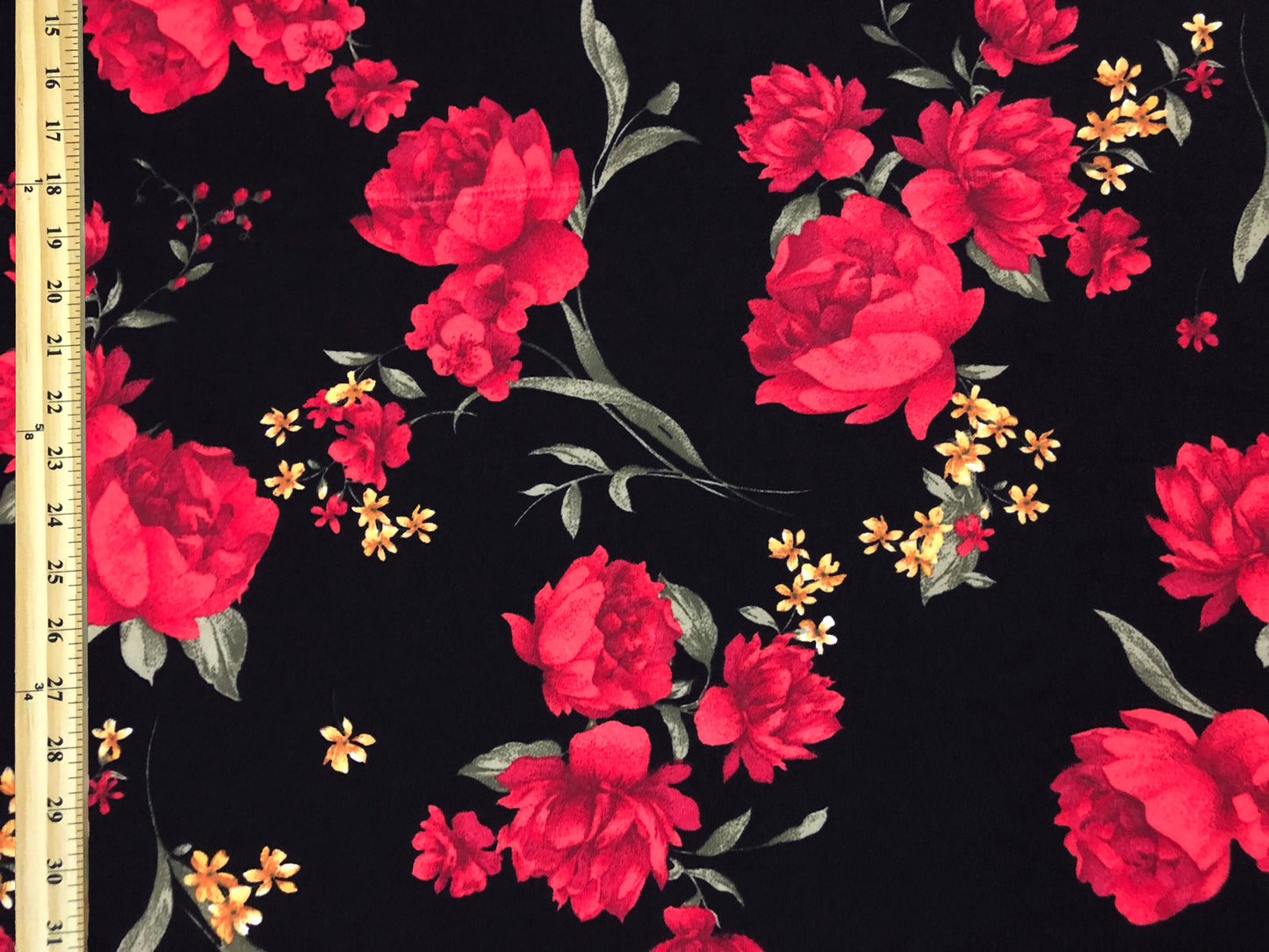 Techno Crepe Knit – Black with Red Peonies & Golden Blossoms, 4-Way Stretch, 56" Wide, 240 GSM - By the Yard (TCRP060)
