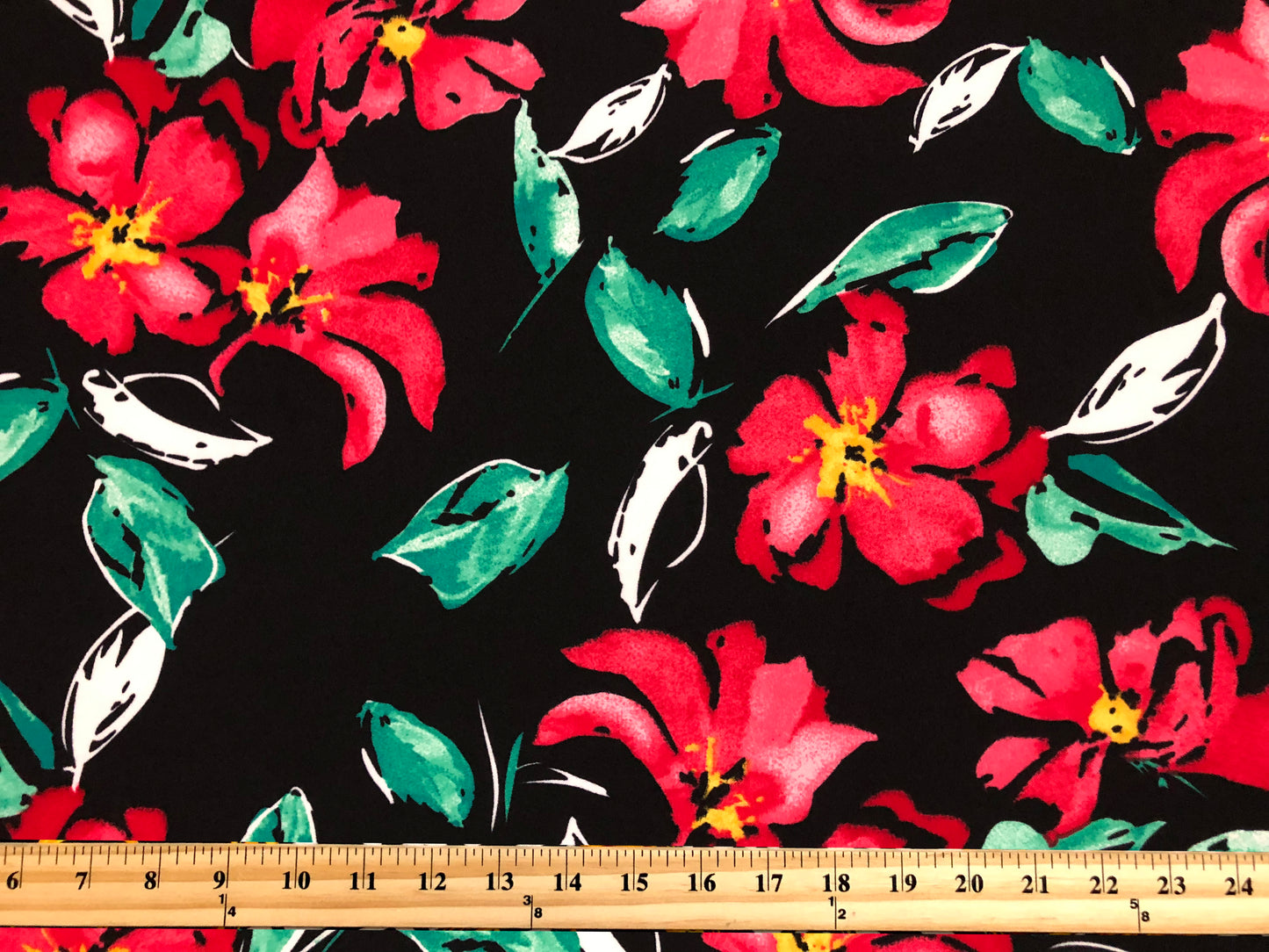 Techno Crepe Printed Fabric| Black Red Green Flowers |TCRP0111 |Sold by the Yard
