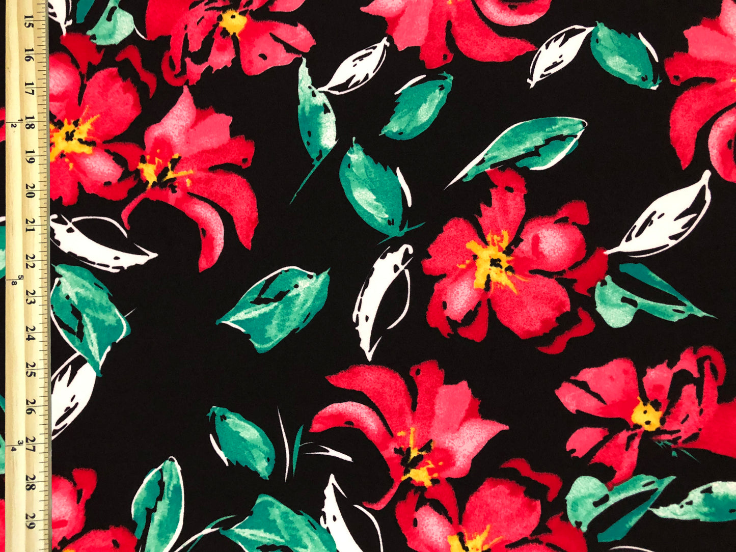 Techno Crepe Printed Fabric| Black Red Green Flowers |TCRP0111 |Sold by the Yard