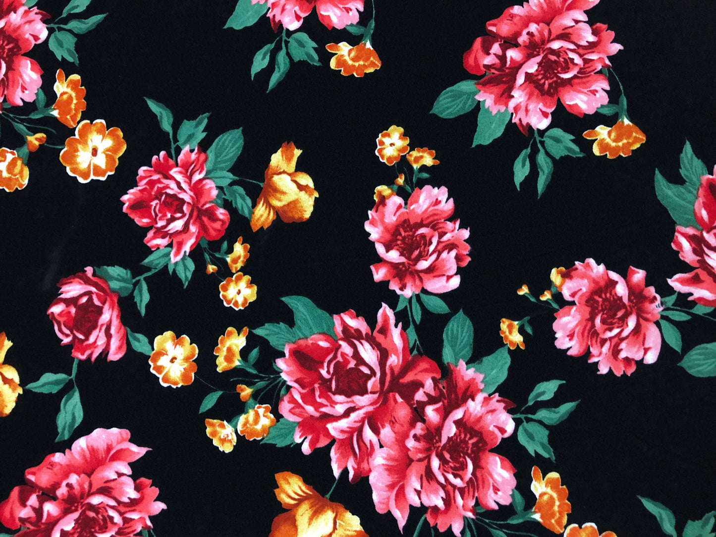 Techno Crepe Knit – Black with Rose Peonies & Marigold, 4-Way Stretch, 56” Wide, 240 GSM, By the Yard (TCRP052)