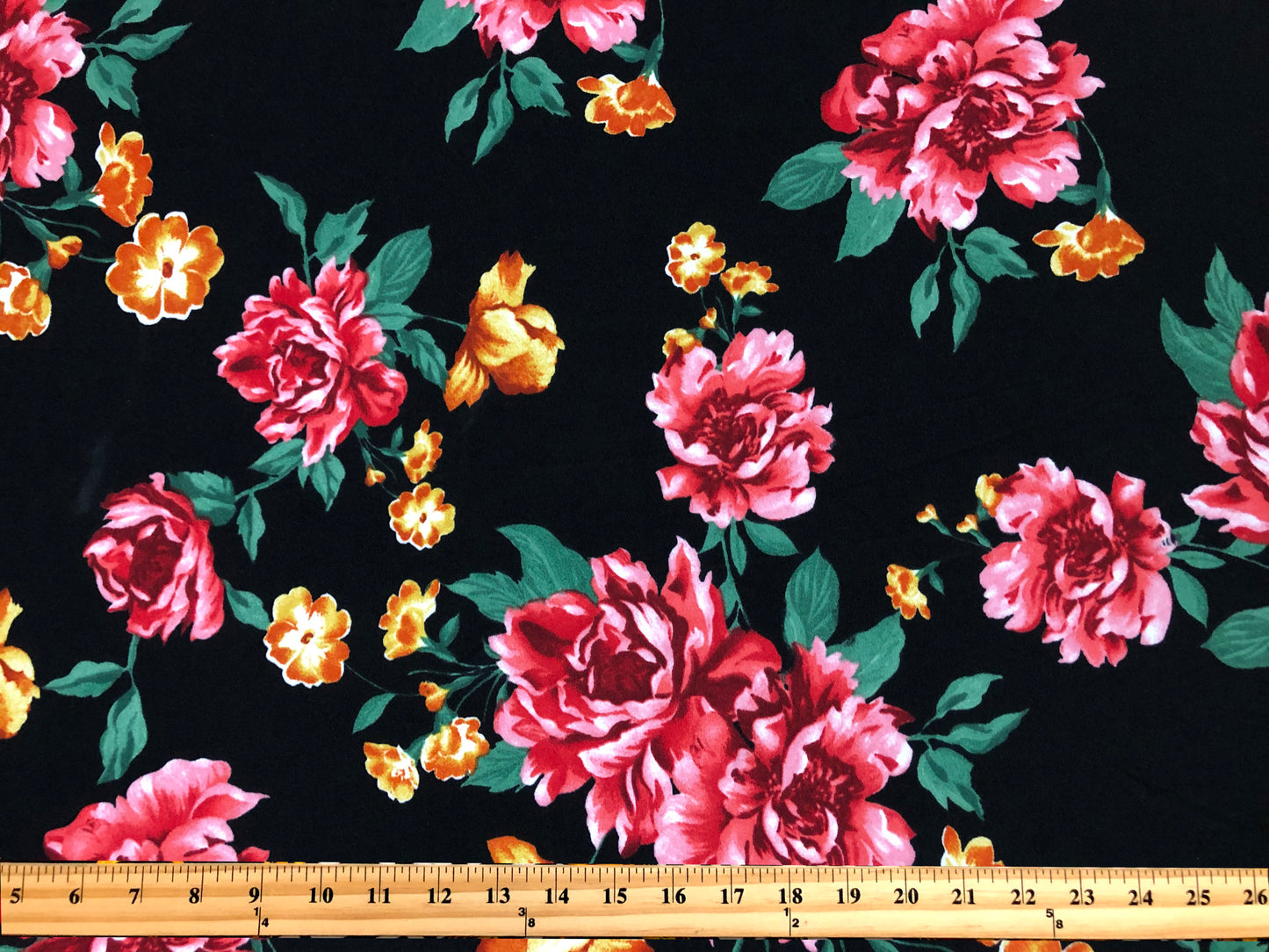 Techno Crepe Knit – Black with Rose Peonies & Marigold, 4-Way Stretch, 56” Wide, 240 GSM, By the Yard (TCRP052)