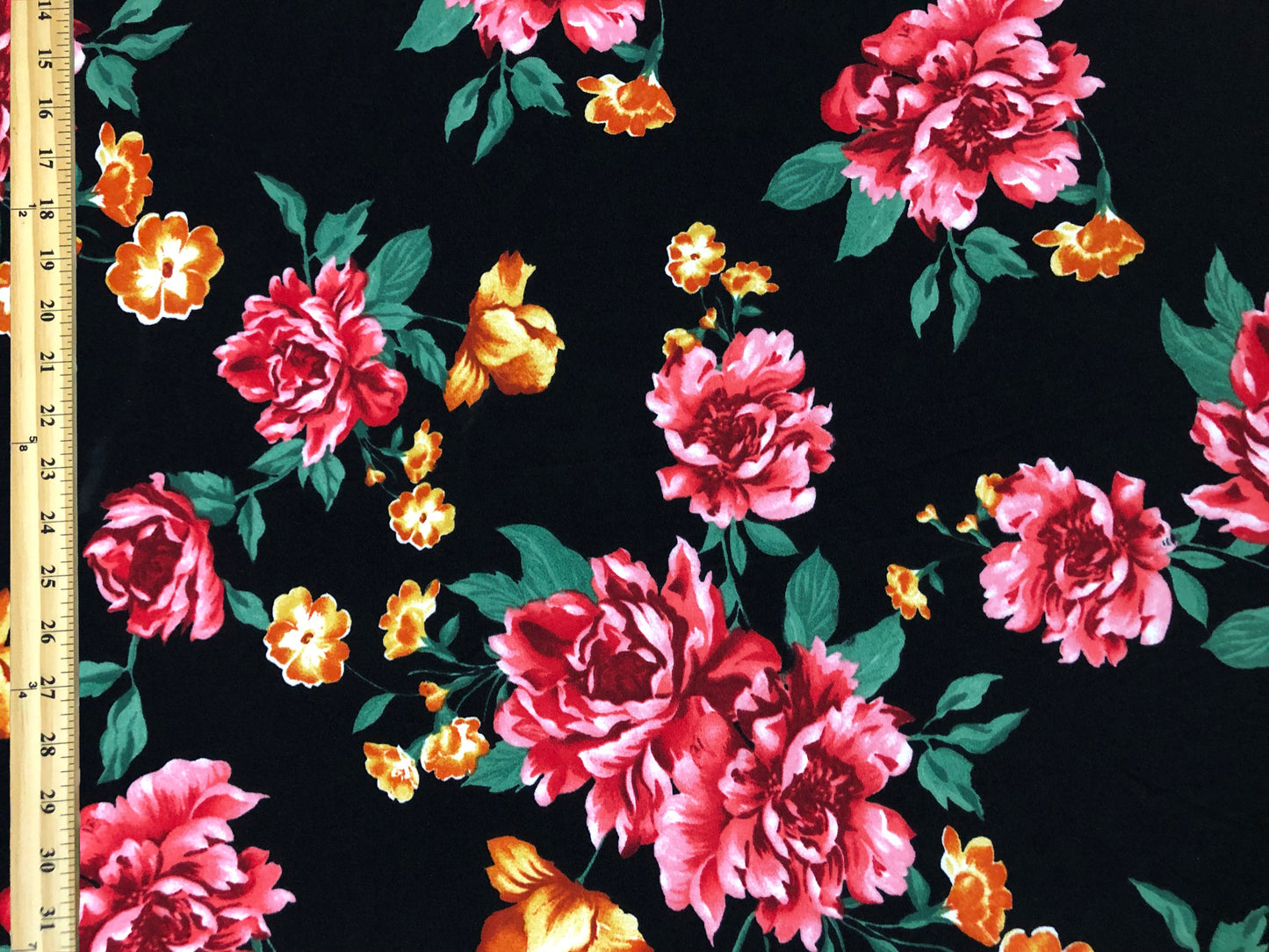 Techno Crepe Knit – Black with Rose Peonies & Marigold, 4-Way Stretch, 56” Wide, 240 GSM, By the Yard (TCRP052)