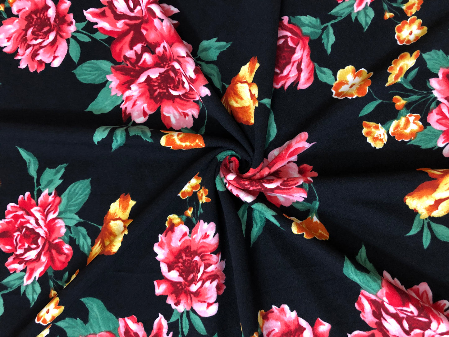 Techno Crepe Knit – Black with Rose Peonies & Marigold, 4-Way Stretch, 56” Wide, 240 GSM, By the Yard (TCRP052)