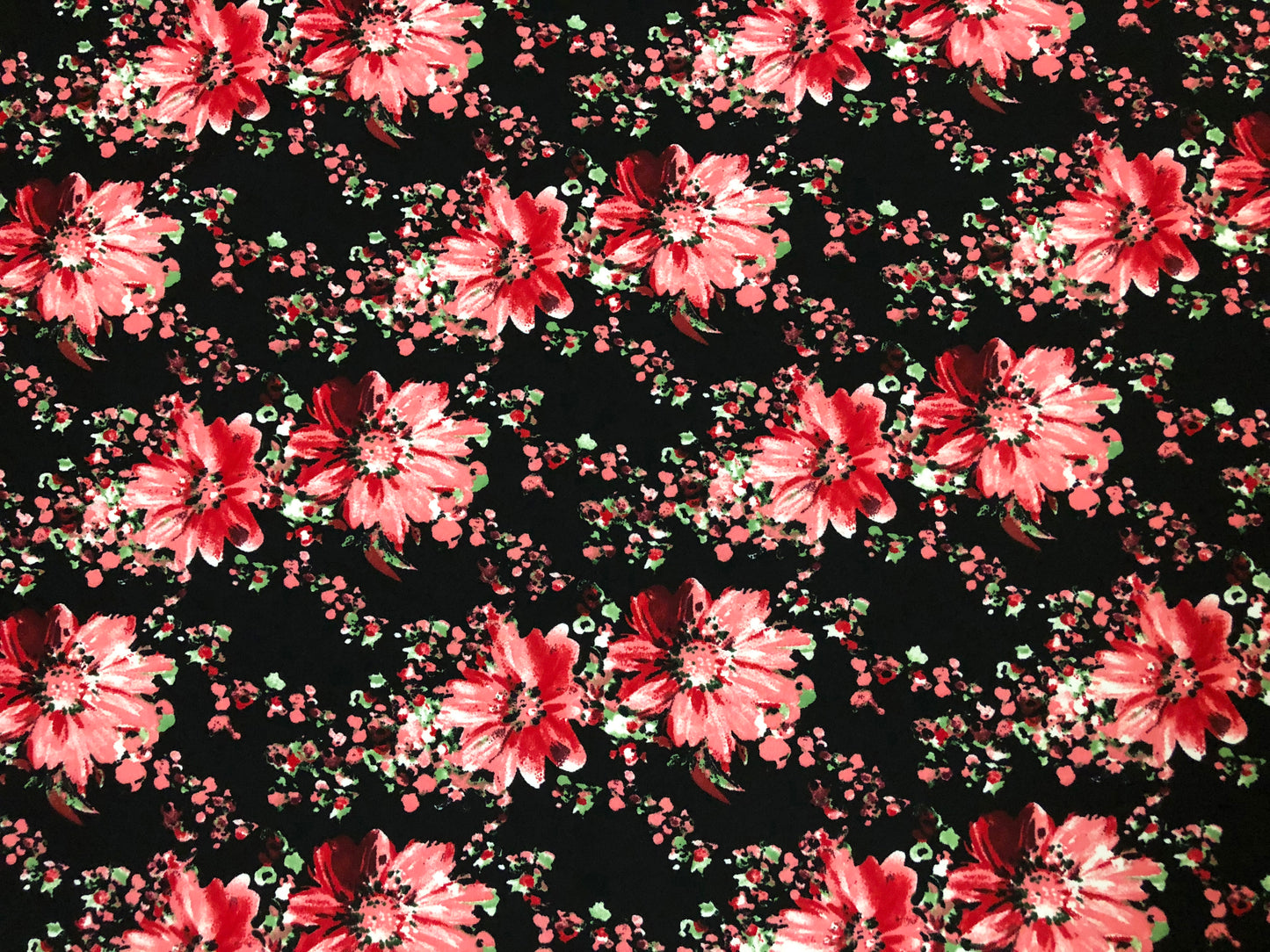 Techno Crepe Knit — Black Floral/Red & Blush Blossoms, 4-Way Stretch, 240 GSM, 56" Wide, Wrinkle Resistant - By the Yard (TCRP0104)