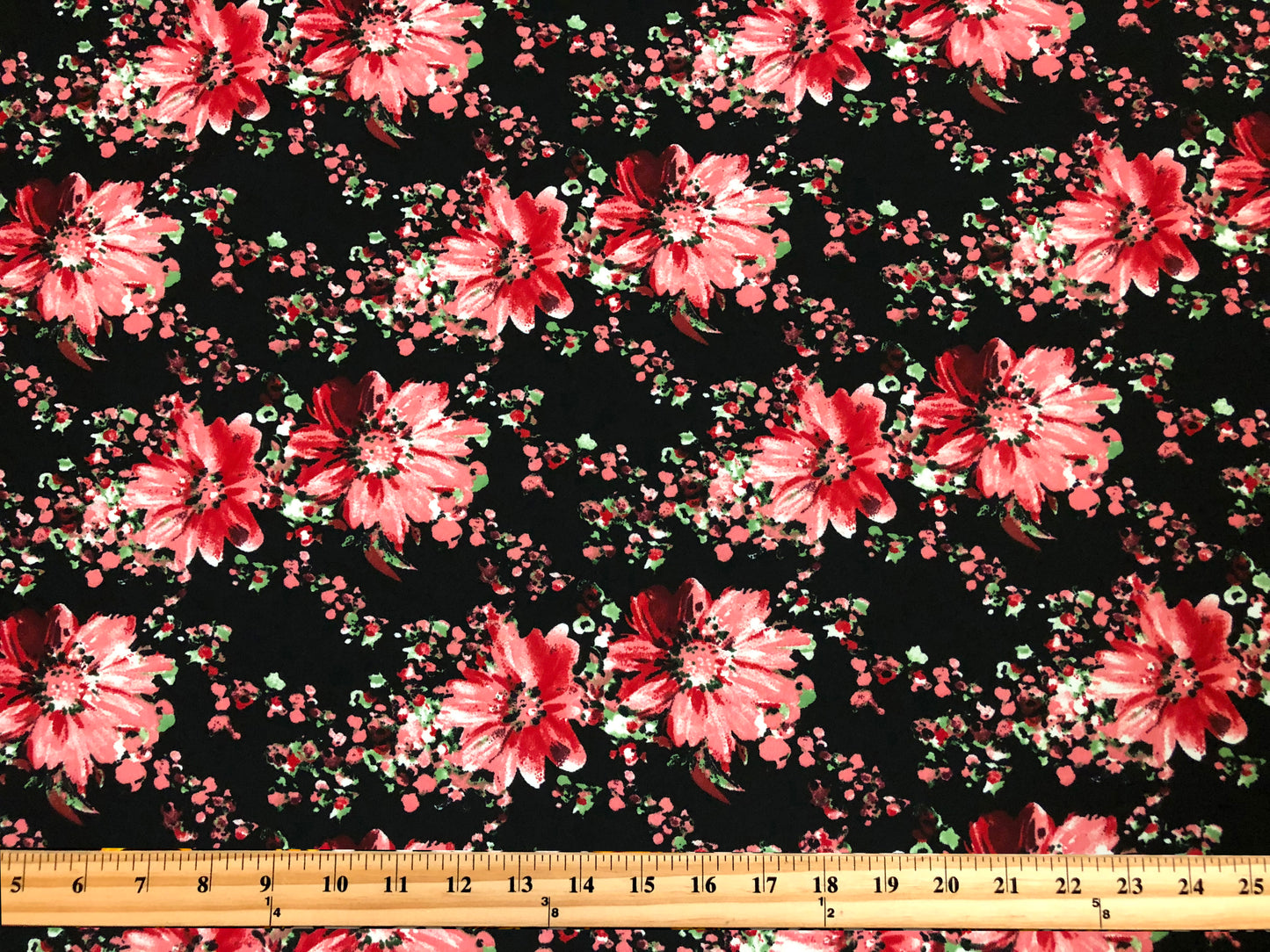 Techno Crepe Knit — Black Floral/Red & Blush Blossoms, 4-Way Stretch, 240 GSM, 56" Wide, Wrinkle Resistant - By the Yard (TCRP0104)