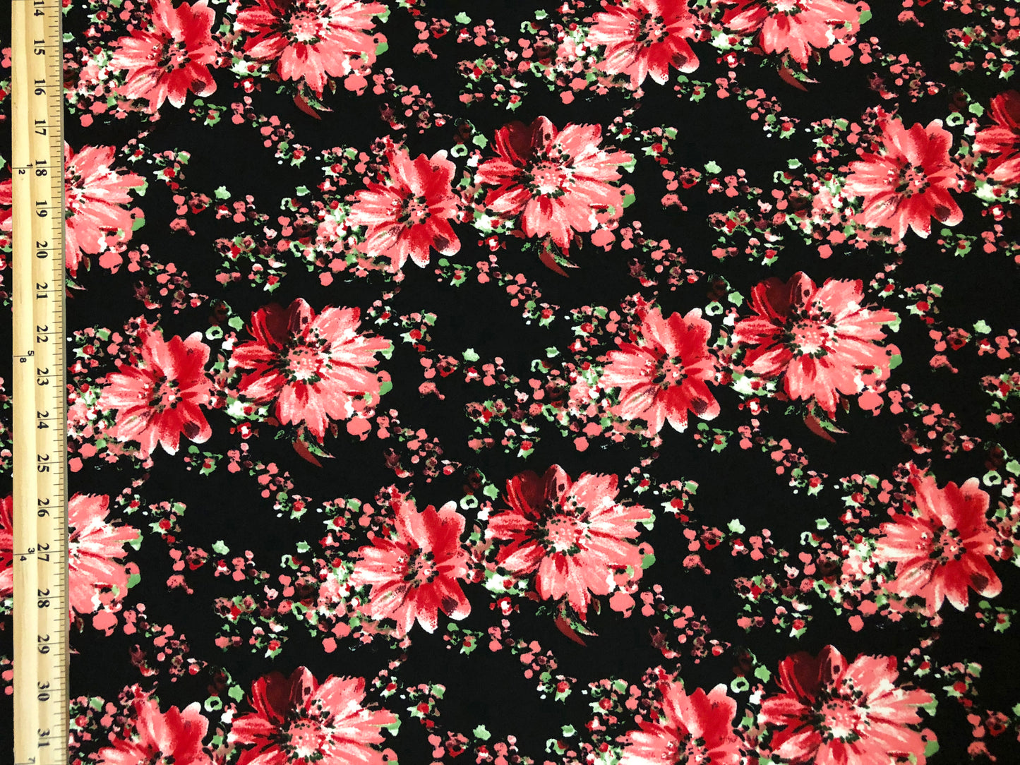 Techno Crepe Knit — Black Floral/Red & Blush Blossoms, 4-Way Stretch, 240 GSM, 56" Wide, Wrinkle Resistant - By the Yard (TCRP0104)