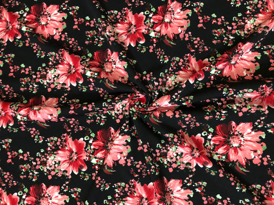 Techno Crepe Knit — Black Floral/Red & Blush Blossoms, 4-Way Stretch, 240 GSM, 56" Wide, Wrinkle Resistant - By the Yard (TCRP0104)