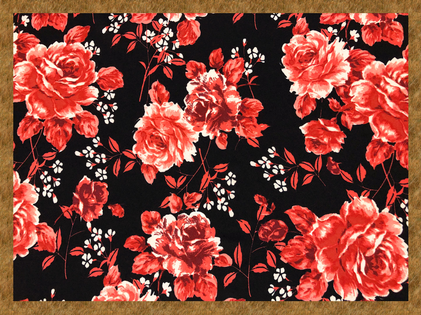 Techno Crepe Knit Fabric – Black with Deep Red Roses, White Blossoms – 4-Way Stretch, 56" Wide, 240 GSM, Silky Drape (TCRP030)