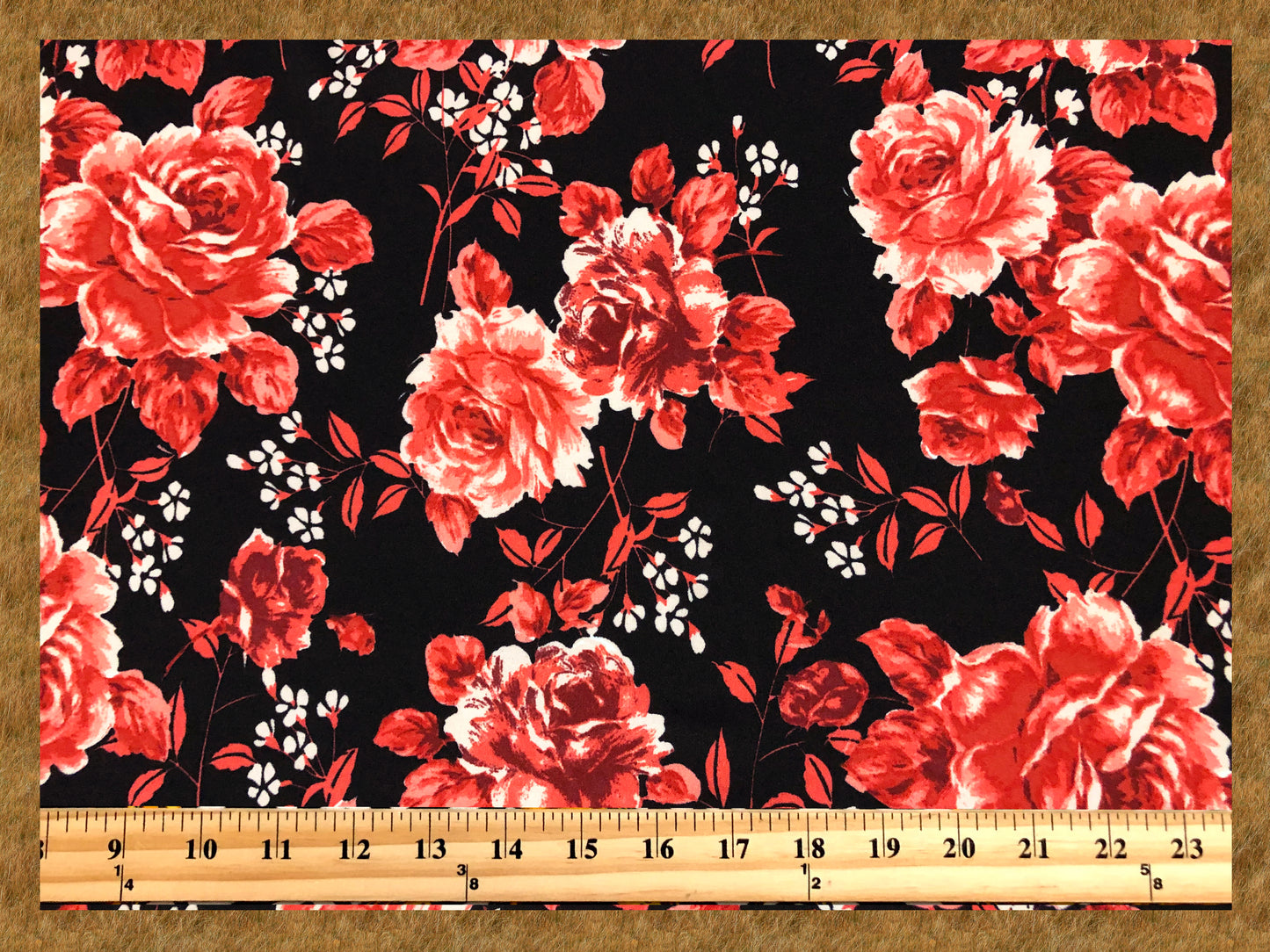 Techno Crepe Knit Fabric – Black with Deep Red Roses, White Blossoms – 4-Way Stretch, 56" Wide, 240 GSM, Silky Drape (TCRP030)