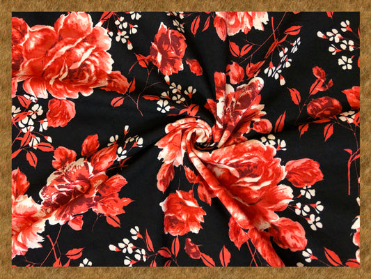 Techno Crepe Knit Fabric – Black with Deep Red Roses, White Blossoms – 4-Way Stretch, 56" Wide, 240 GSM, Silky Drape (TCRP030)