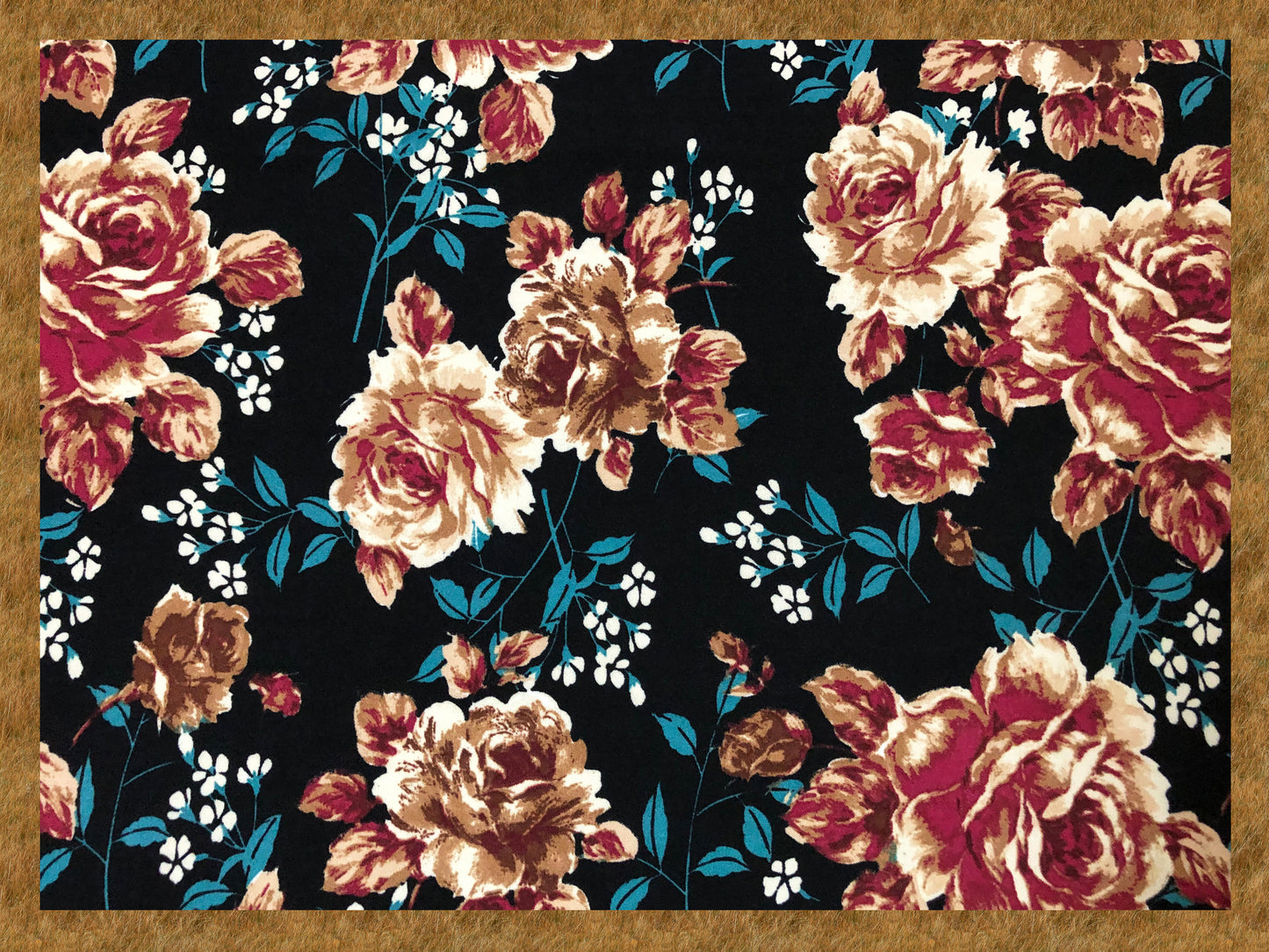 Techno Crepe Knit Fabric – Black with Burgundy & Taupe Roses, Teal Leaves – 4-Way Stretch, 56" Wide, 240 GSM, Silky Drape (TCRP029)
