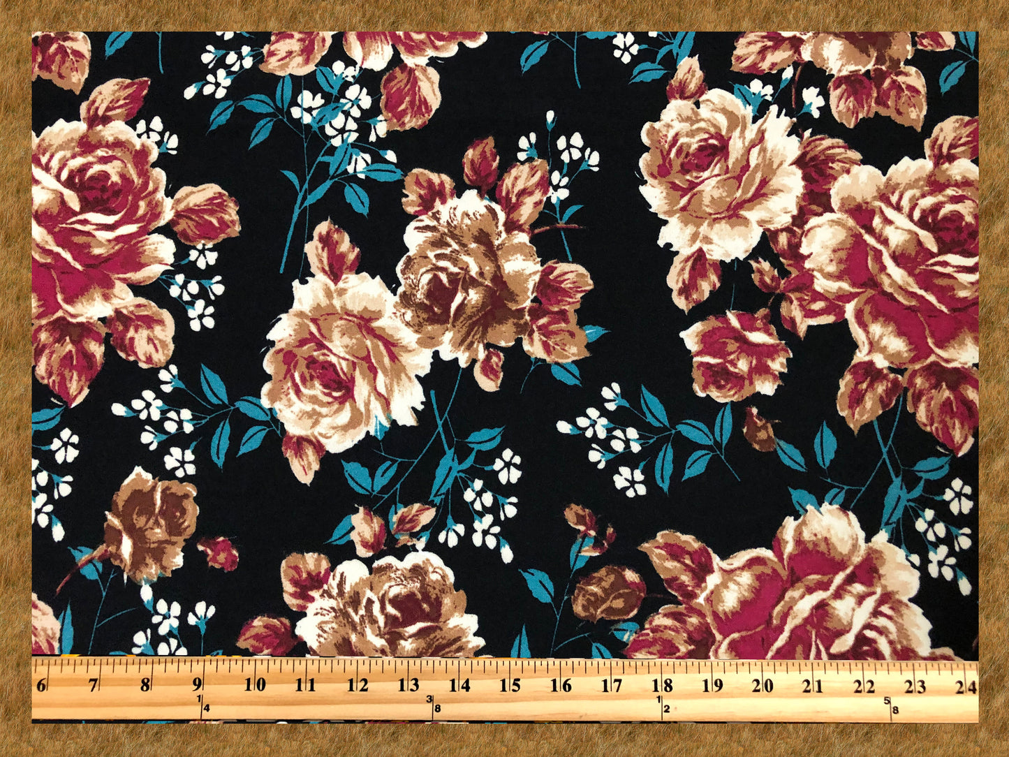 Techno Crepe Knit Fabric – Black with Burgundy & Taupe Roses, Teal Leaves – 4-Way Stretch, 56" Wide, 240 GSM, Silky Drape (TCRP029)