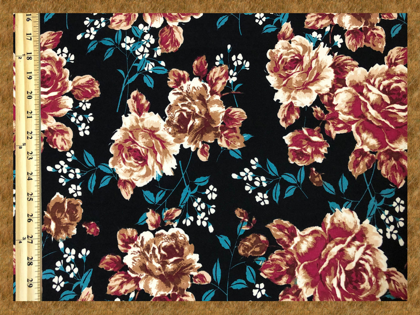 Techno Crepe Knit Fabric – Black with Burgundy & Taupe Roses, Teal Leaves – 4-Way Stretch, 56" Wide, 240 GSM, Silky Drape (TCRP029)