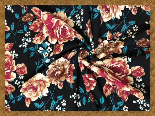 Techno Crepe Knit Fabric – Black with Burgundy & Taupe Roses, Teal Leaves – 4-Way Stretch, 56" Wide, 240 GSM, Silky Drape (TCRP029)