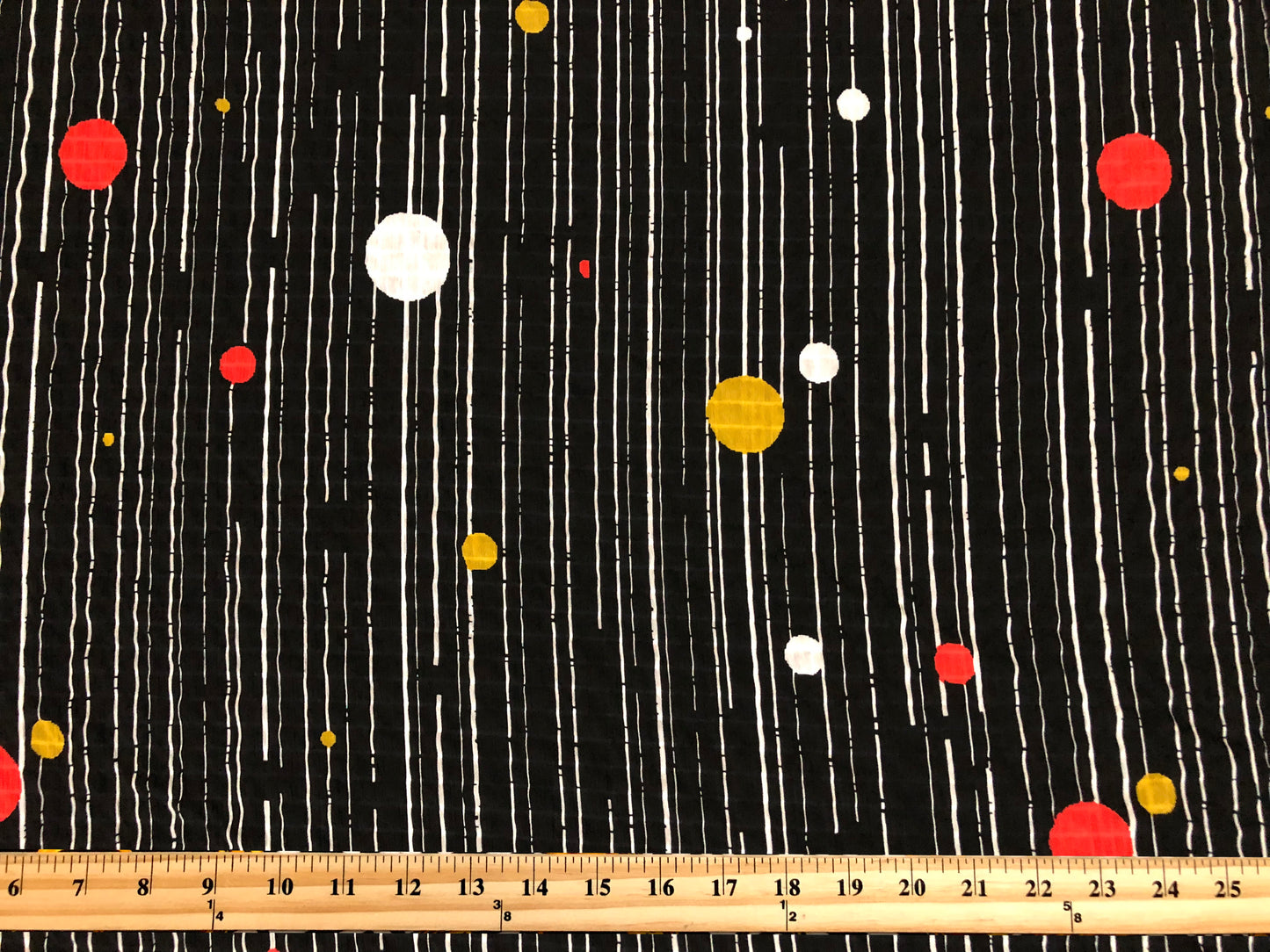 Black Stripe & Color Dot — Poly Dobby Seersucker | Airy, Wrinkle-Masking Texture | 56″ Wide | 100% Polyester | By the Yard (CKPR02)