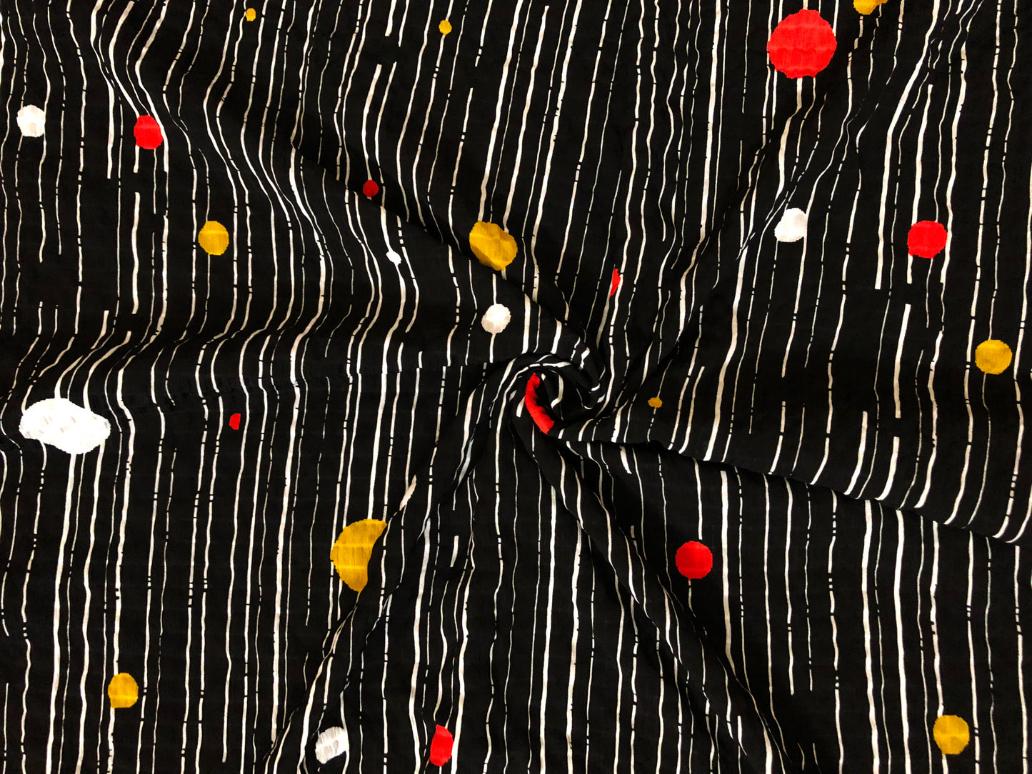 Black Stripe & Color Dot — Poly Dobby Seersucker | Airy, Wrinkle-Masking Texture | 56″ Wide | 100% Polyester | By the Yard (CKPR02)