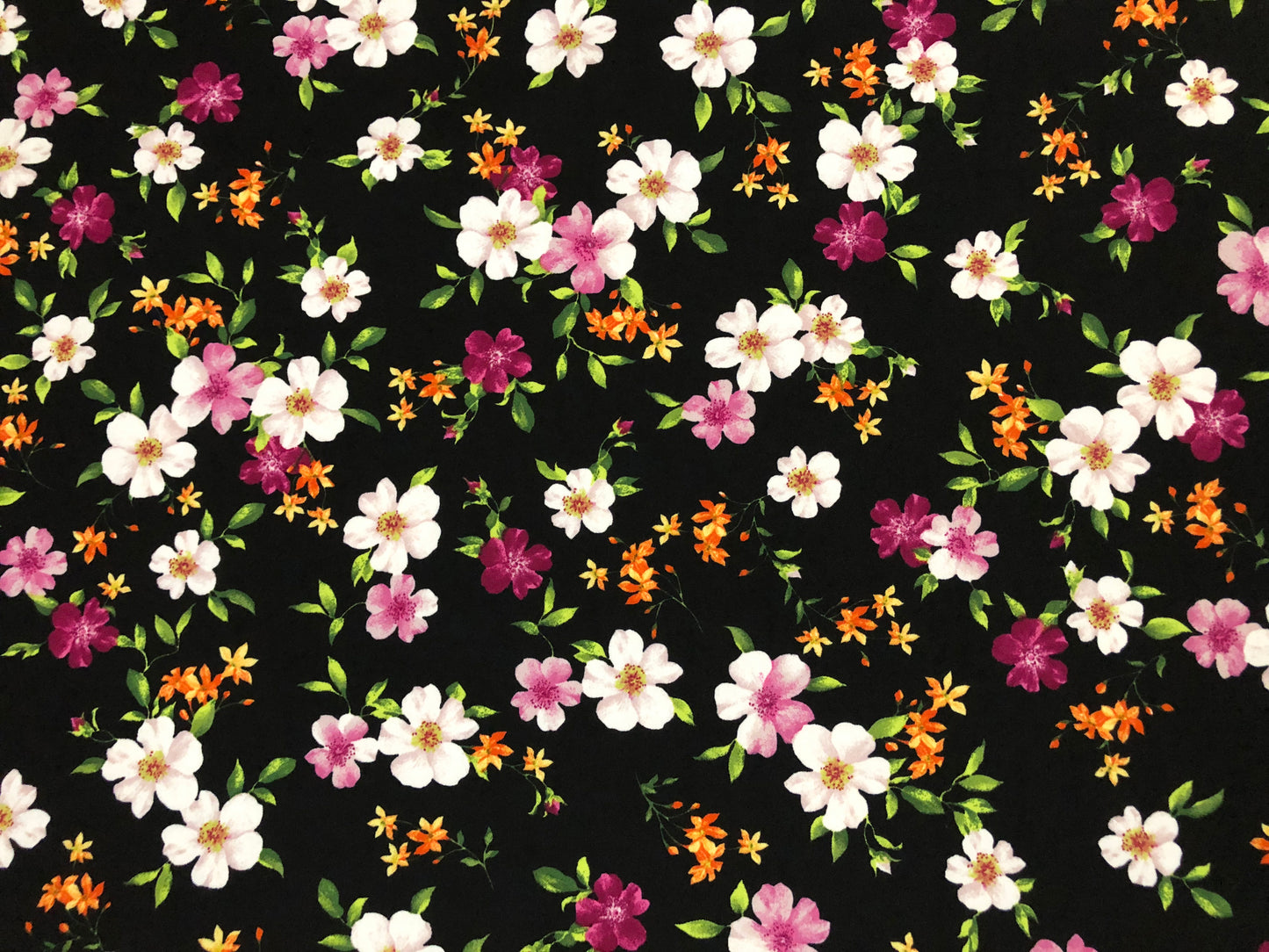 Techno Crepe Knit — Black Floral/Blush/Magenta & Tangerine Blooms, 4-Way Stretch, 240 GSM, 56" Wide, Wrinkle Resistant - By the Yard (TCRP095)